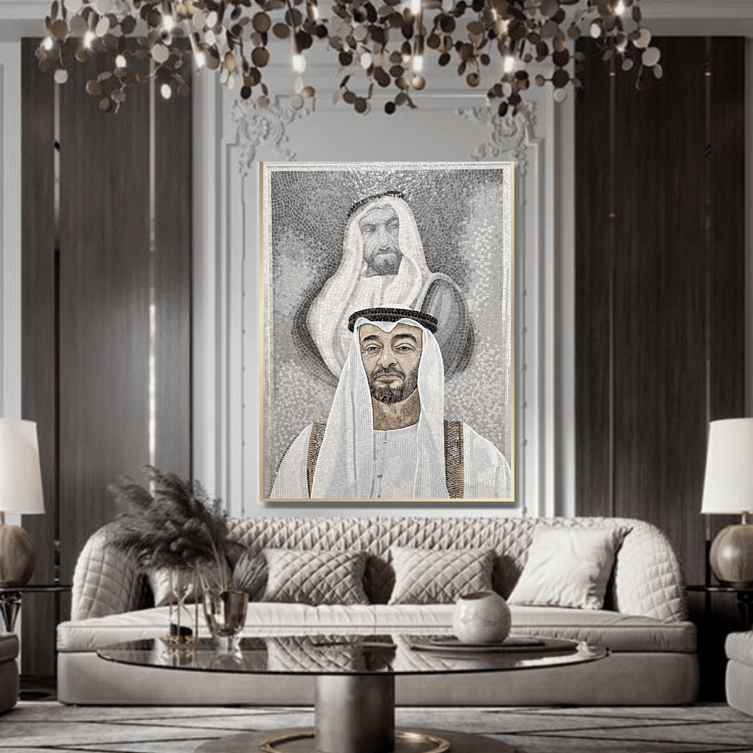 H. H. Sh Muhammad Bin Zayed & H. H. Sh Zayed Al Nahyan  Handmade Ice Jade Mosaic With Golden Frame 120X160 Cm Qp104 -  Paintings - ebarza Furniture UAE | Shop Modern Furniture in Abu Dhabi & Dubai - مفروشات ايبازرا في الامارات | تسوق اثاث عصري وديكورات مميزة في دبي وابوظبي