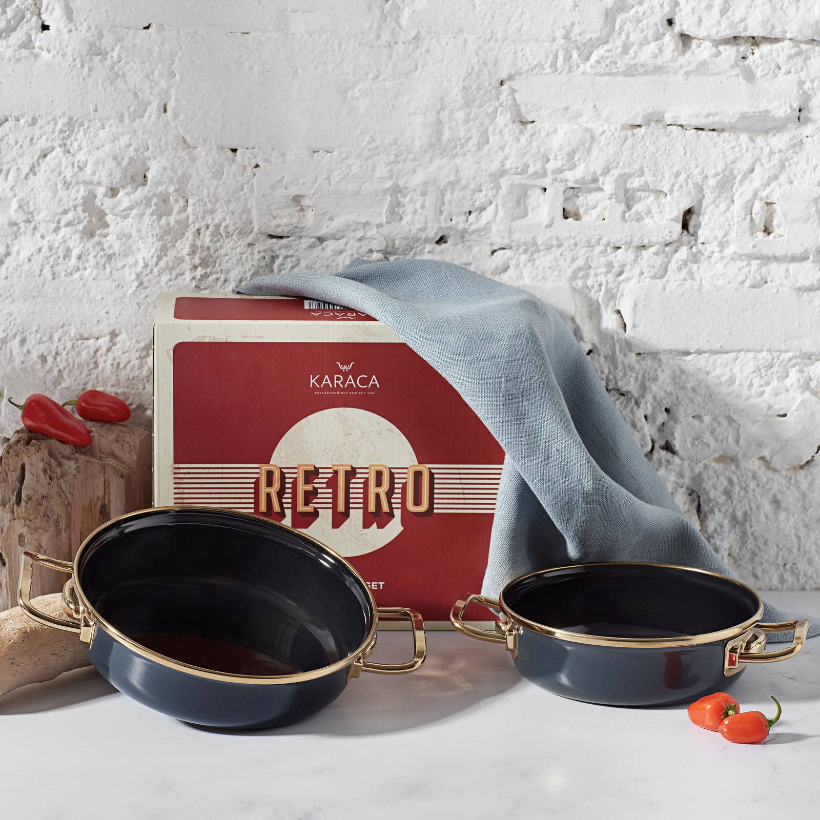 Karaca Retro Enamel 2-Blue Cooking Pot Set 153.03.08.0541 - Cookware Sets - ebarza Furniture UAE | Shop Modern Furniture in Abu Dhabi & Dubai - مفروشات ايبازرا في الامارات | تسوق اثاث عصري وديكورات مميزة في دبي وابوظبي