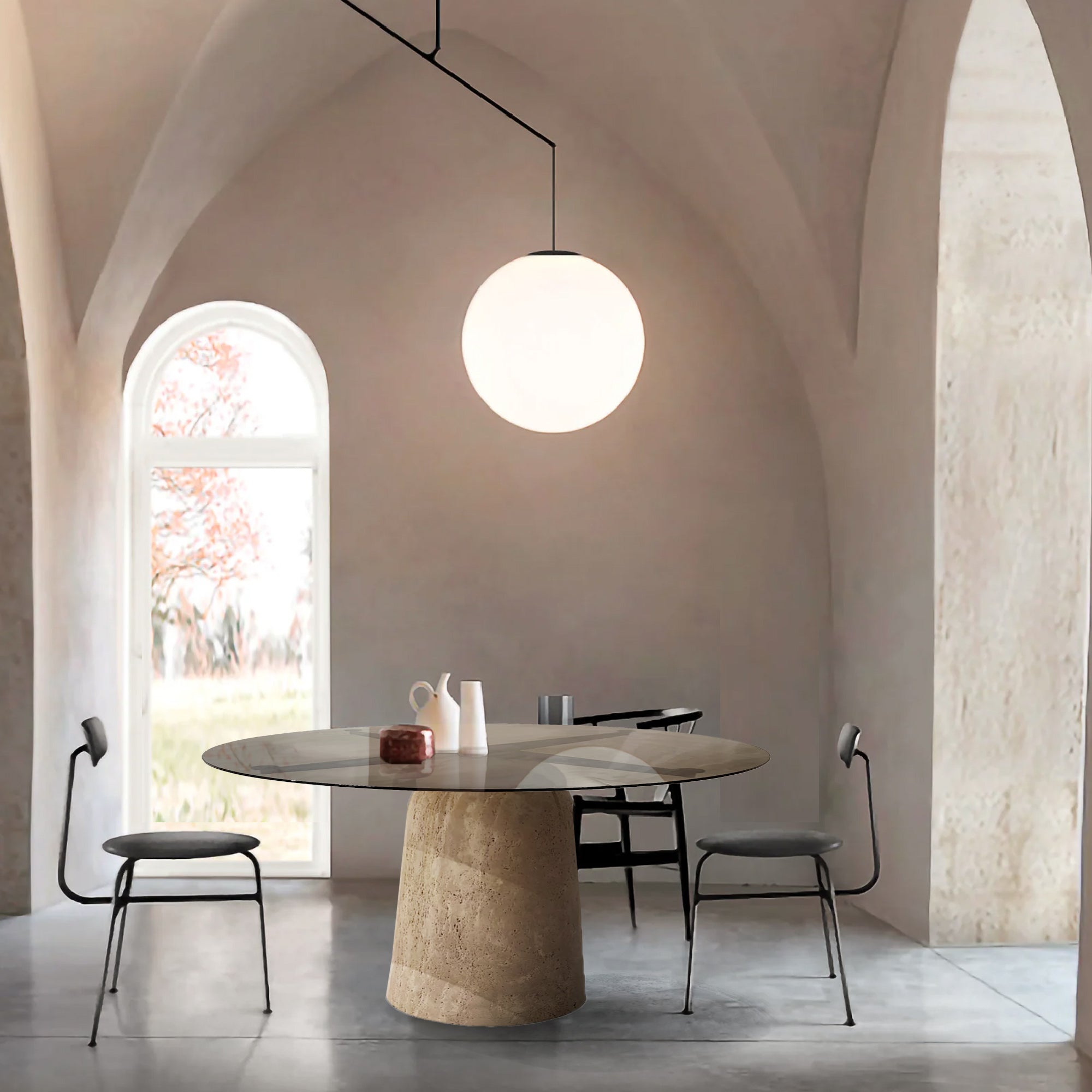 Panorama Glass/Travertine 120cm Dining Table - EB10DT - Dining Tables - ebarza Furniture UAE | Shop Modern Furniture in Abu Dhabi & Dubai - مفروشات ايبازرا في الامارات | تسوق اثاث عصري وديكورات مميزة في دبي وابوظبي