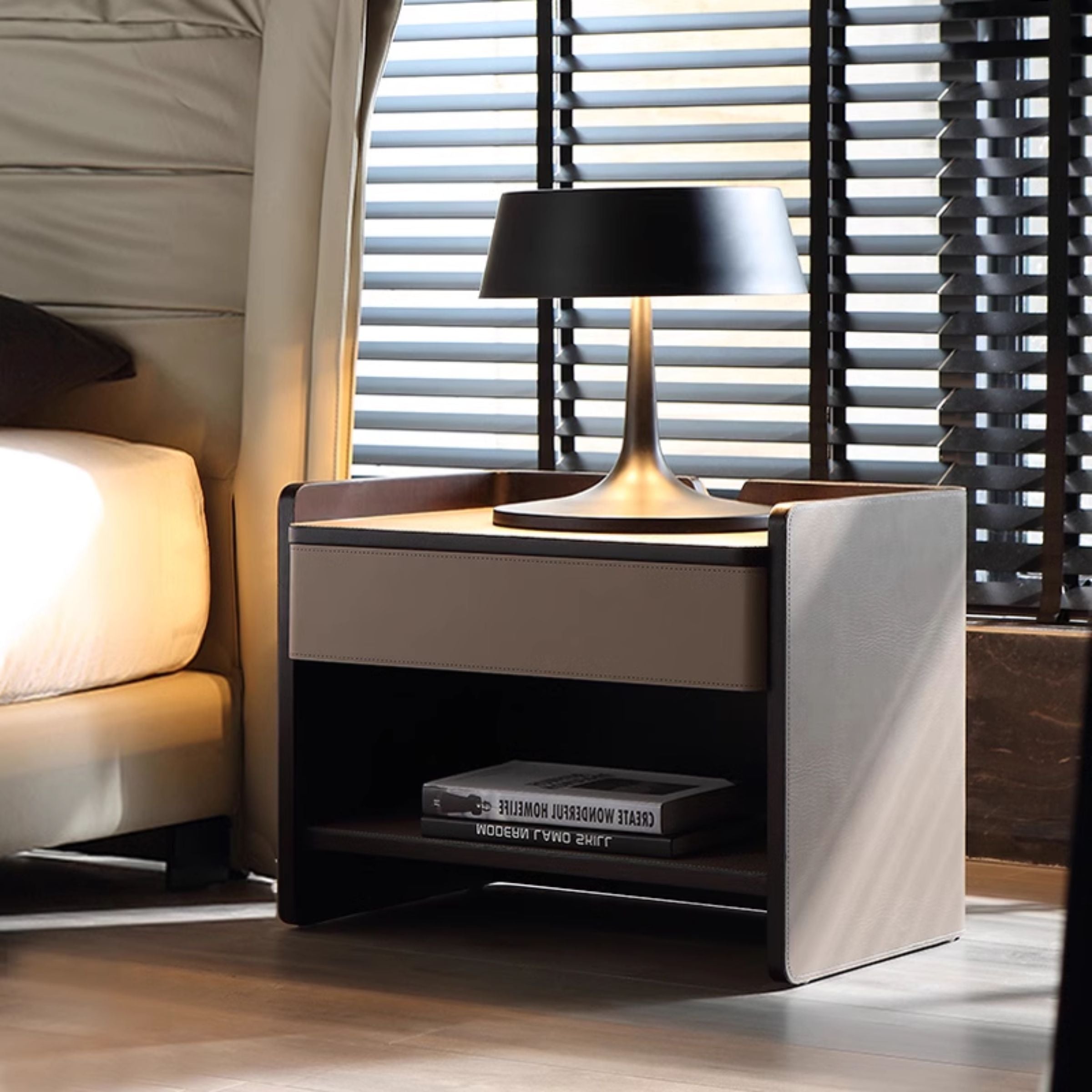 Pre-order 35 Days Delivery Mycroft Saddle Leather Bedside Table MLL-T37 Khaki - Side Tables - ebarza Furniture UAE | Shop Modern Furniture in Abu Dhabi & Dubai - مفروشات ايبازرا في الامارات | تسوق اثاث عصري وديكورات مميزة في دبي وابوظبي