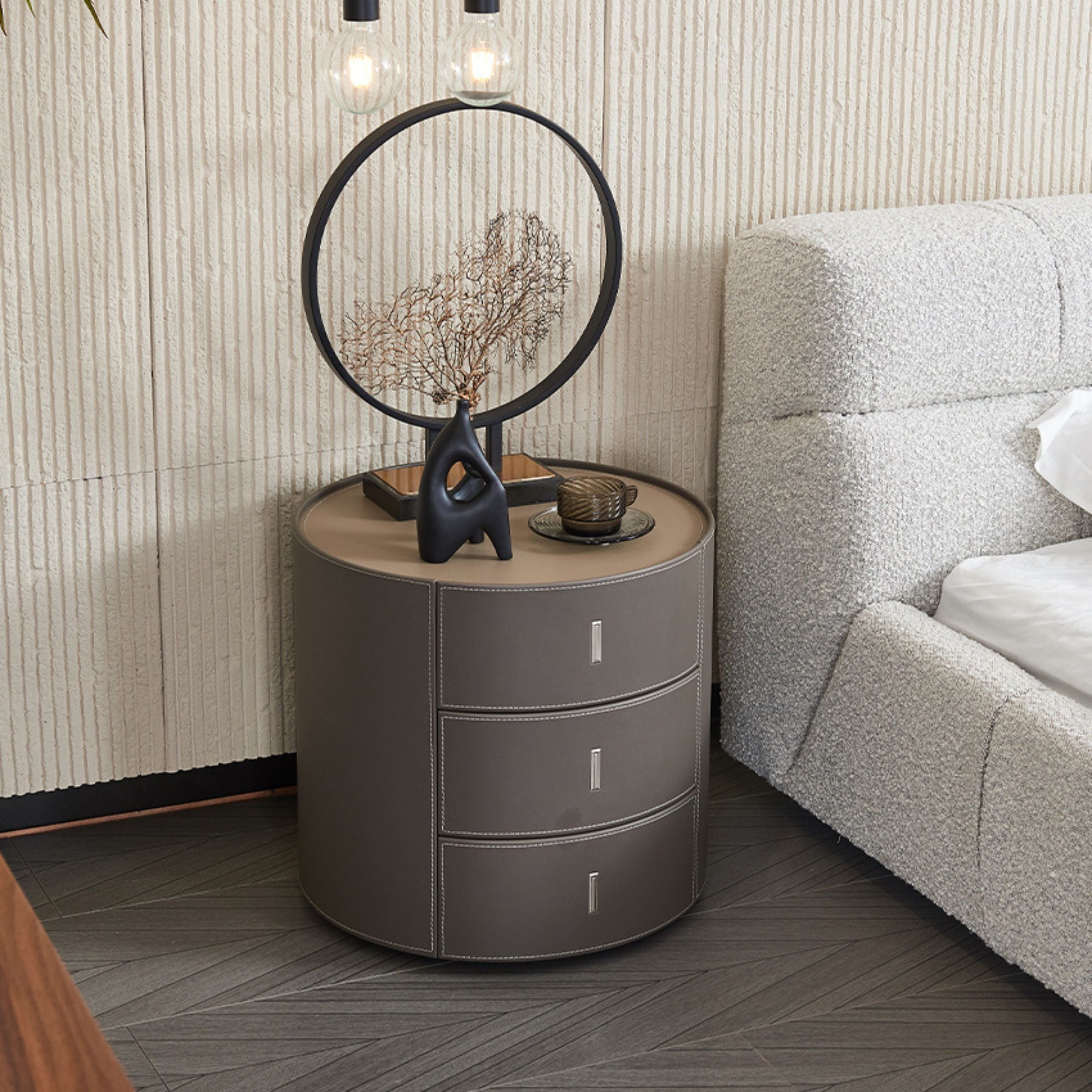 Pre-order 35 Days Delivery - Verona Grey Walnut Veneer Saddle Leather Cabinet MLL-T98 - Side Tables - ebarza Furniture UAE | Shop Modern Furniture in Abu Dhabi & Dubai - مفروشات ايبازرا في الامارات | تسوق اثاث عصري وديكورات مميزة في دبي وابوظبي