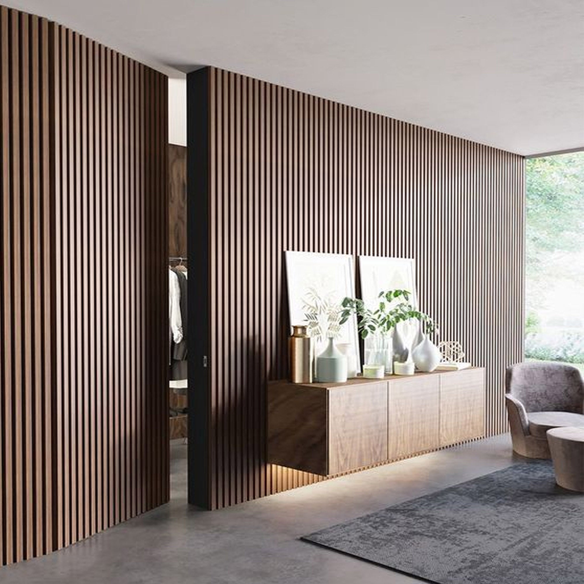 Sample of 280x60x2.1cm Slat Acoustic Panel 35-15mm Fire Retardant Decoration Panel Walnut-OAK-001 -Sample - Wall panels samples - ebarza Furniture UAE | Shop Modern Furniture in Abu Dhabi & Dubai - مفروشات ايبازرا في الامارات | تسوق اثاث عصري وديكورات مميزة في دبي وابوظبي