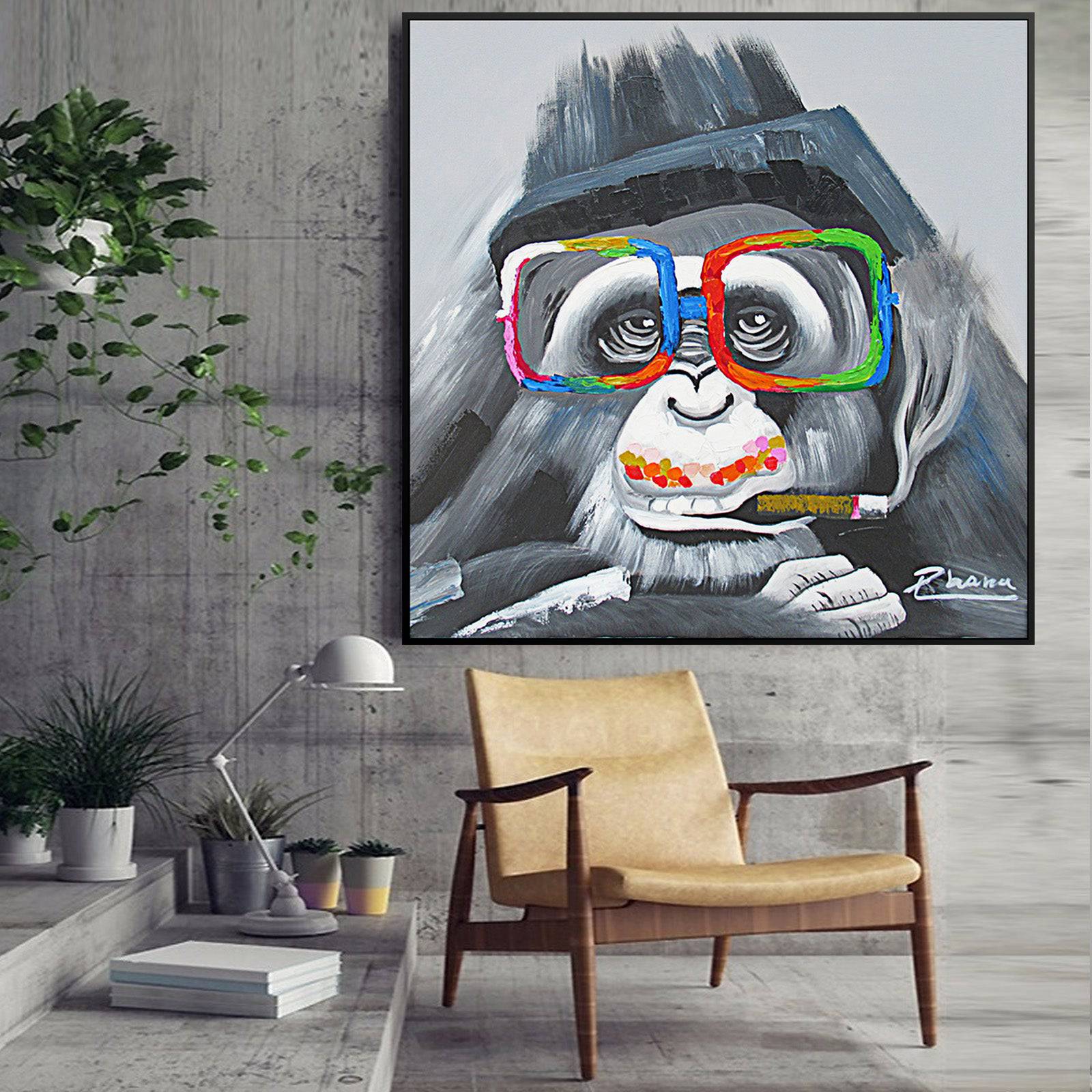 Smoking Monkey Hand Painted Art Painting With Frame 105X105 Cm Soap0017X-Soap064 - Paintings - ebarza Furniture UAE | Shop Modern Furniture in Abu Dhabi & Dubai - مفروشات ايبازرا في الامارات | تسوق اثاث عصري وديكورات مميزة في دبي وابوظبي