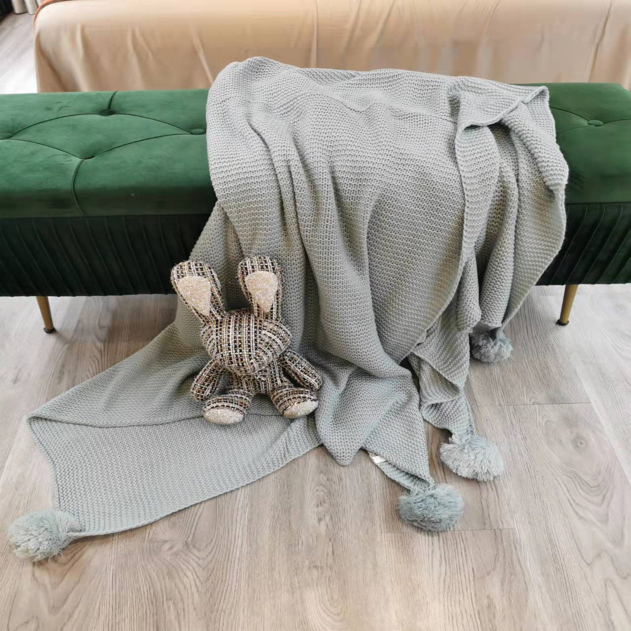 Four Corner Pompom Blue Blanket TD2016-BL -  Blankets - ebarza Furniture UAE | Shop Modern Furniture in Abu Dhabi & Dubai - مفروشات ايبازرا في الامارات | تسوق اثاث عصري وديكورات مميزة في دبي وابوظبي