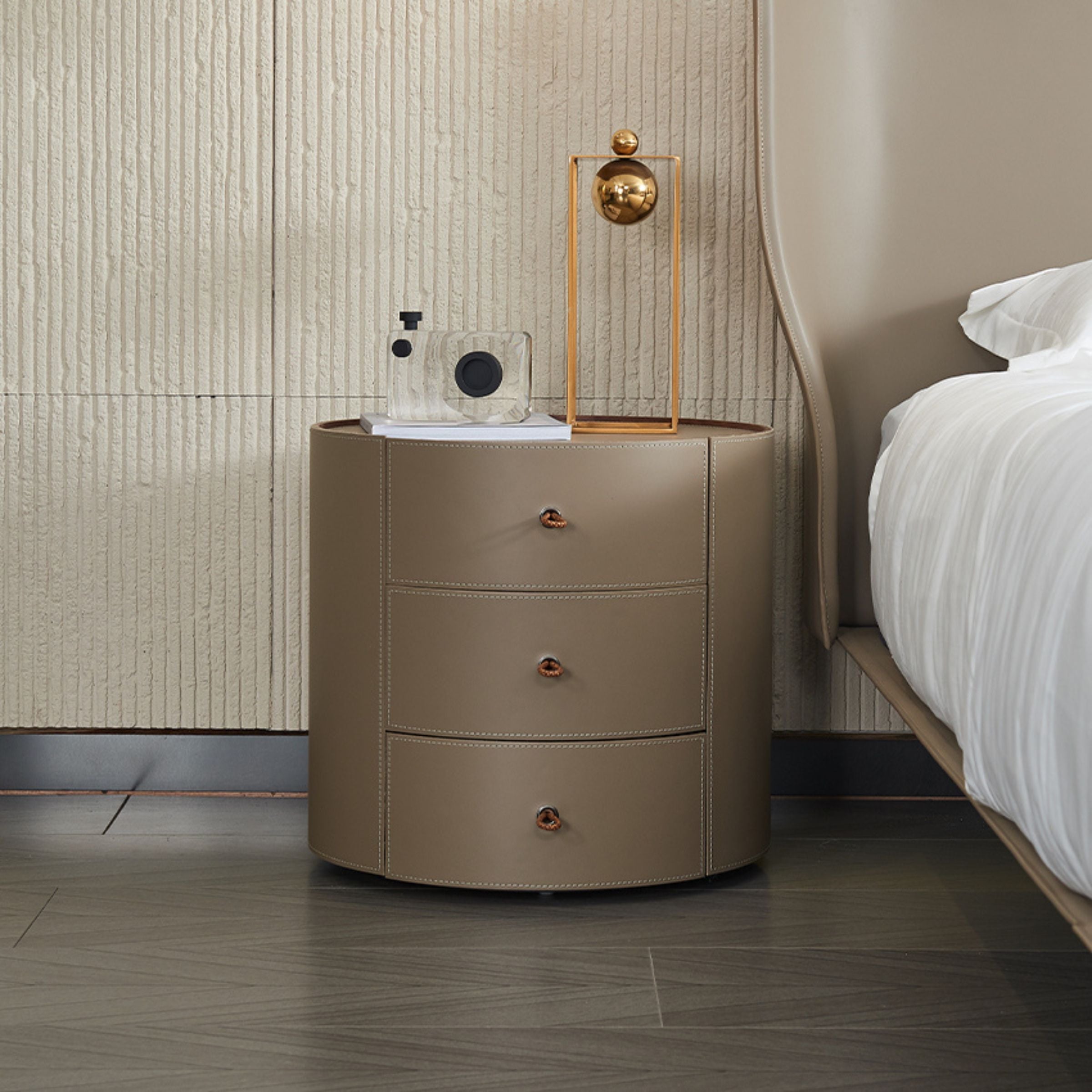 Verona Beige Walnut Veneer Saddle Leather Side Table/Cabinet MLL-T38 - Bedside Tables - ebarza Furniture UAE | Shop Modern Furniture in Abu Dhabi & Dubai - مفروشات ايبازرا في الامارات | تسوق اثاث عصري وديكورات مميزة في دبي وابوظبي