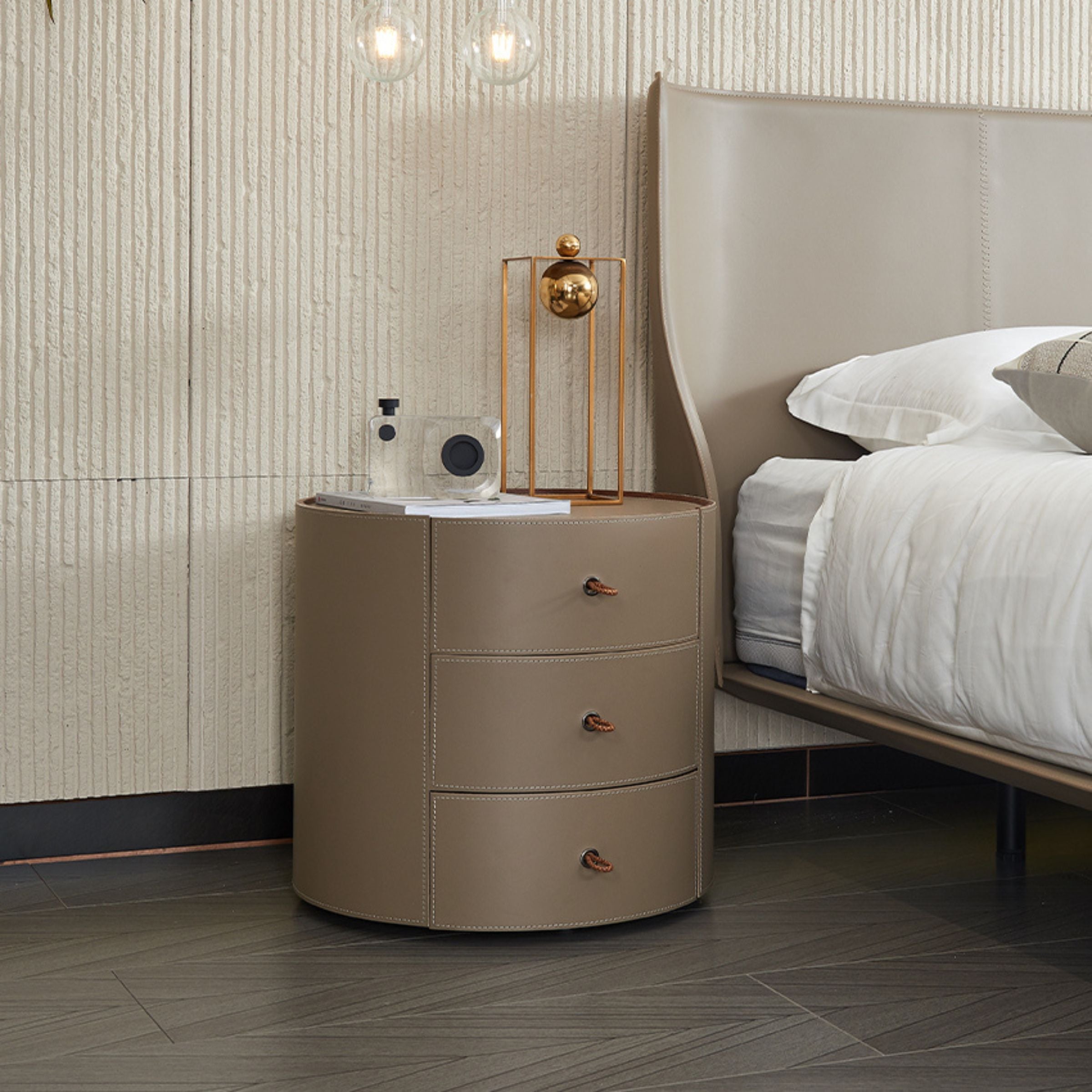 Verona Beige Walnut Veneer Saddle Leather Side Table/Cabinet MLL-T38 - Bedside Tables - ebarza Furniture UAE | Shop Modern Furniture in Abu Dhabi & Dubai - مفروشات ايبازرا في الامارات | تسوق اثاث عصري وديكورات مميزة في دبي وابوظبي