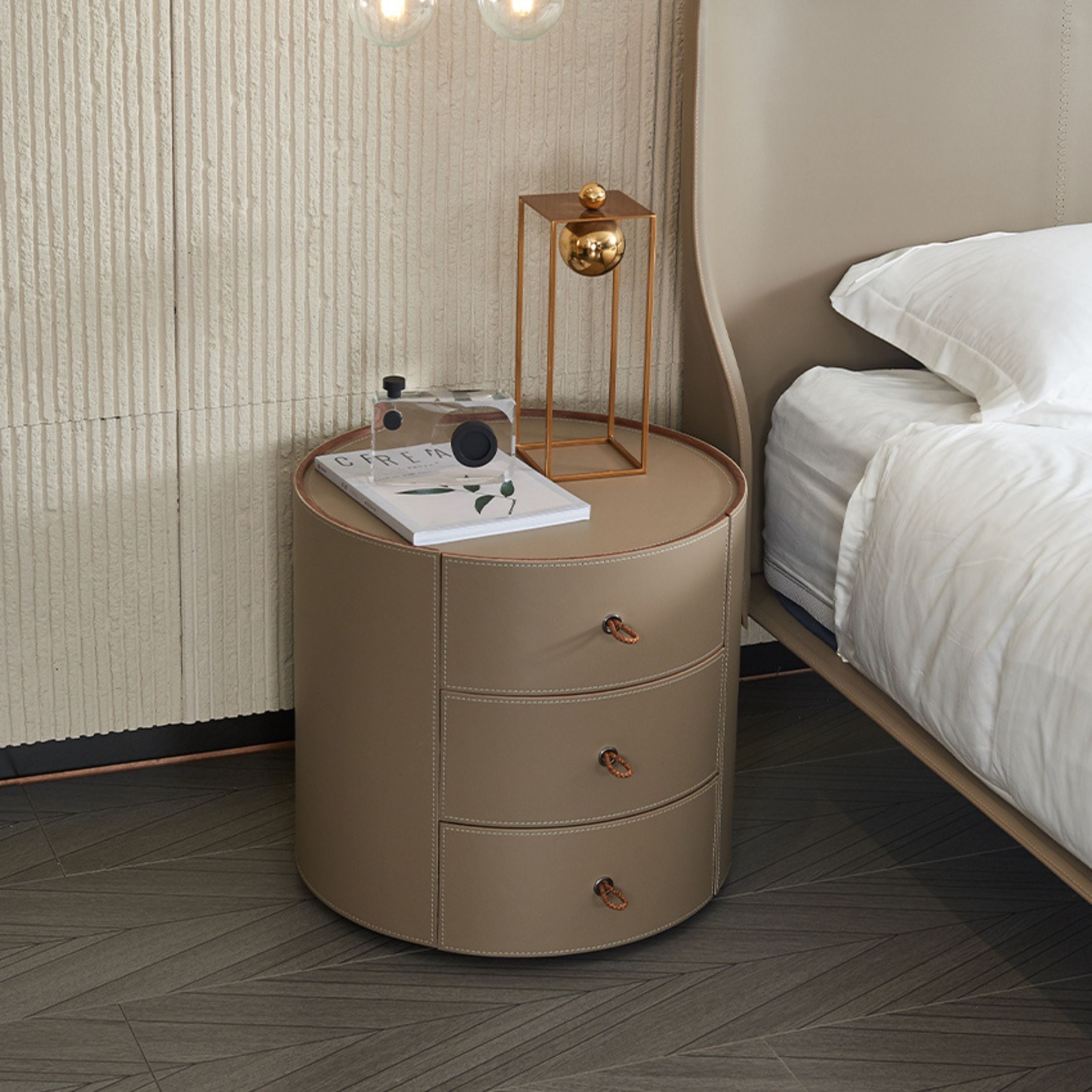 Verona Beige Walnut Veneer Saddle Leather Side Table/Cabinet MLL-T38 - Bedside Tables - ebarza Furniture UAE | Shop Modern Furniture in Abu Dhabi & Dubai - مفروشات ايبازرا في الامارات | تسوق اثاث عصري وديكورات مميزة في دبي وابوظبي