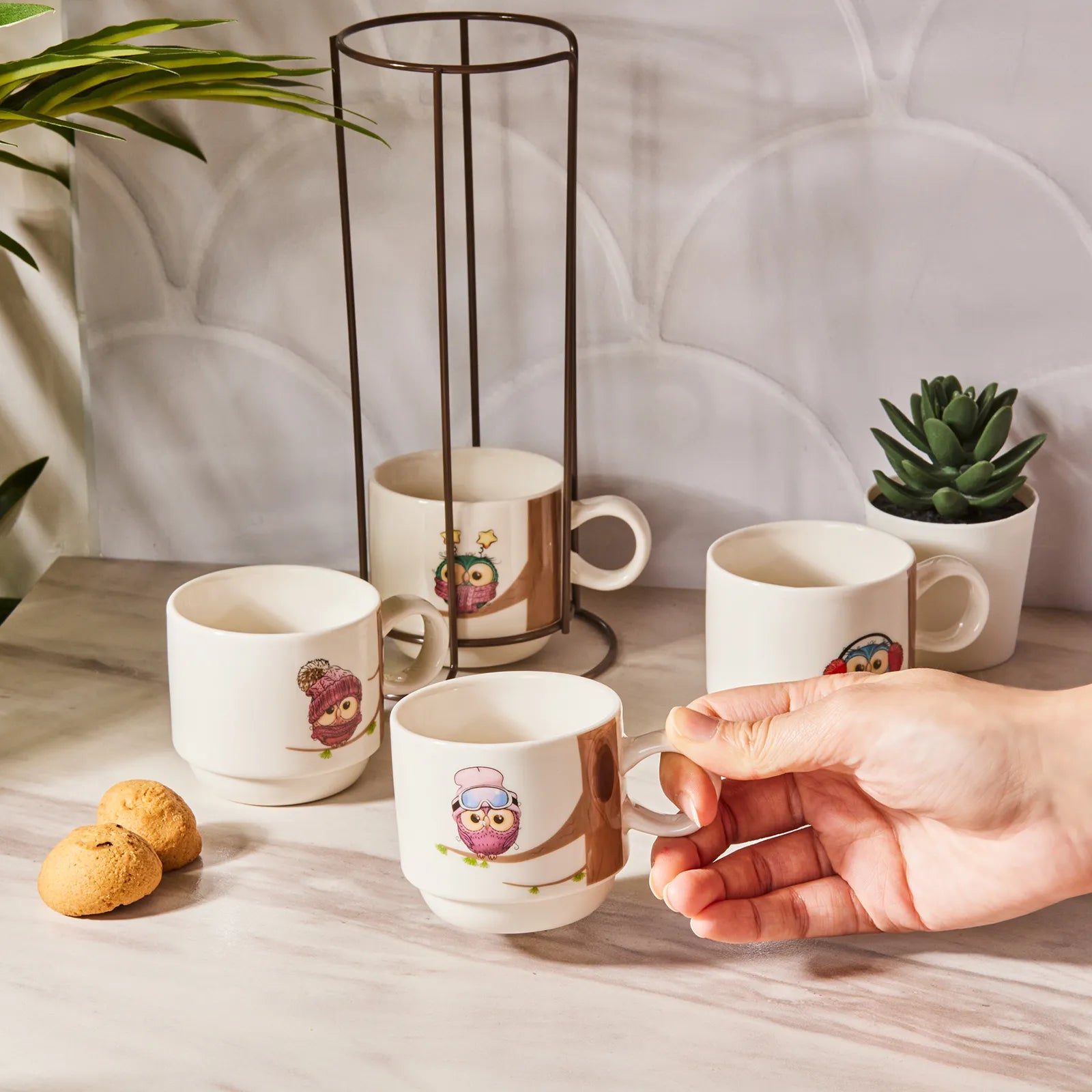 Karaca Owl 4 Pcs Mug With Stand 160 Ml 153.03.06.5922 - Mugs - ebarza Furniture UAE | Shop Modern Furniture in Abu Dhabi & Dubai - مفروشات ايبازرا في الامارات | تسوق اثاث عصري وديكورات مميزة في دبي وابوظبي