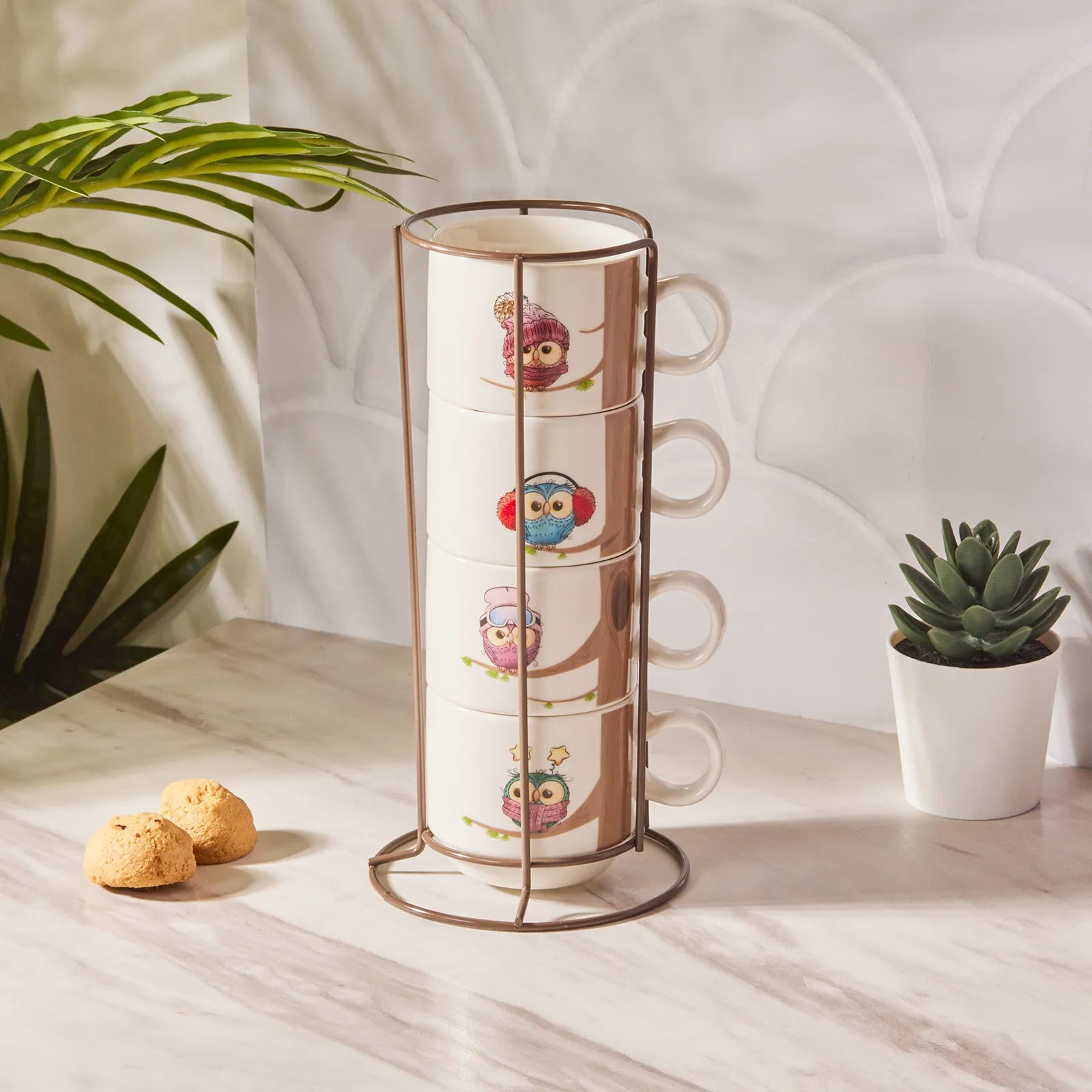 Karaca Owl 4 Pcs Mug With Stand 160 Ml 153.03.06.5922 - Mugs - ebarza Furniture UAE | Shop Modern Furniture in Abu Dhabi & Dubai - مفروشات ايبازرا في الامارات | تسوق اثاث عصري وديكورات مميزة في دبي وابوظبي