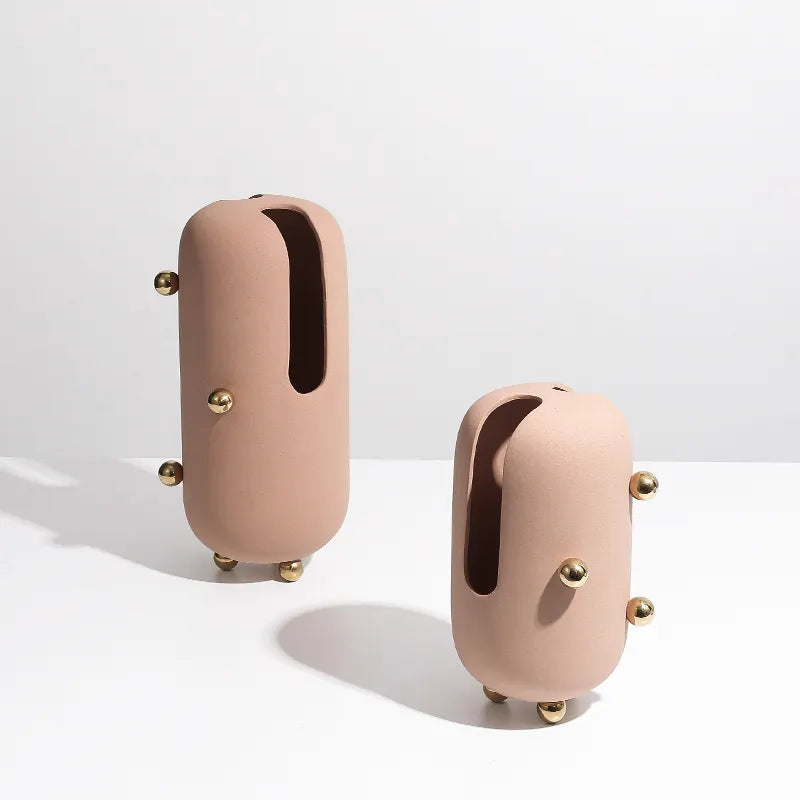 Blush Ceramic Vase With Gold Stainless Steel Detail Fd-D22064A - Vases - ebarza Furniture UAE | Shop Modern Furniture in Abu Dhabi & Dubai - مفروشات ايبازرا في الامارات | تسوق اثاث عصري وديكورات مميزة في دبي وابوظبي