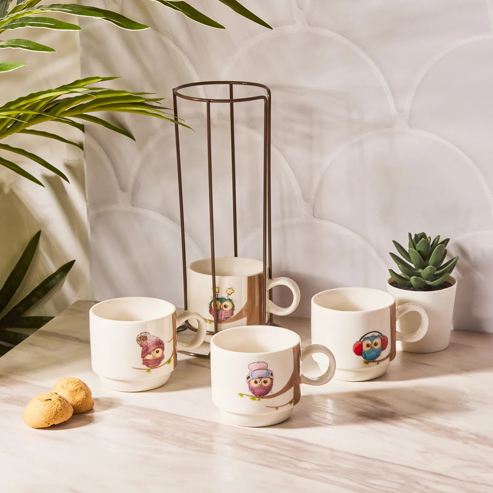 Karaca Owl 4 Pcs Mug With Stand 160 Ml 153.03.06.5922 - Mugs - ebarza Furniture UAE | Shop Modern Furniture in Abu Dhabi & Dubai - مفروشات ايبازرا في الامارات | تسوق اثاث عصري وديكورات مميزة في دبي وابوظبي