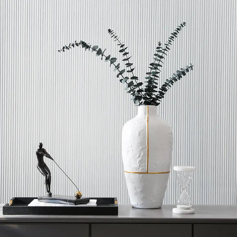 White Vase With Gold Thread-A Fa-D1954A - Vases - ebarza Furniture UAE | Shop Modern Furniture in Abu Dhabi & Dubai - مفروشات ايبازرا في الامارات | تسوق اثاث عصري وديكورات مميزة في دبي وابوظبي