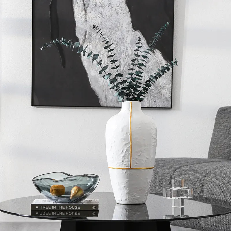 White Vase With Gold Thread-A Fa-D1954A - Vases - ebarza Furniture UAE | Shop Modern Furniture in Abu Dhabi & Dubai - مفروشات ايبازرا في الامارات | تسوق اثاث عصري وديكورات مميزة في دبي وابوظبي