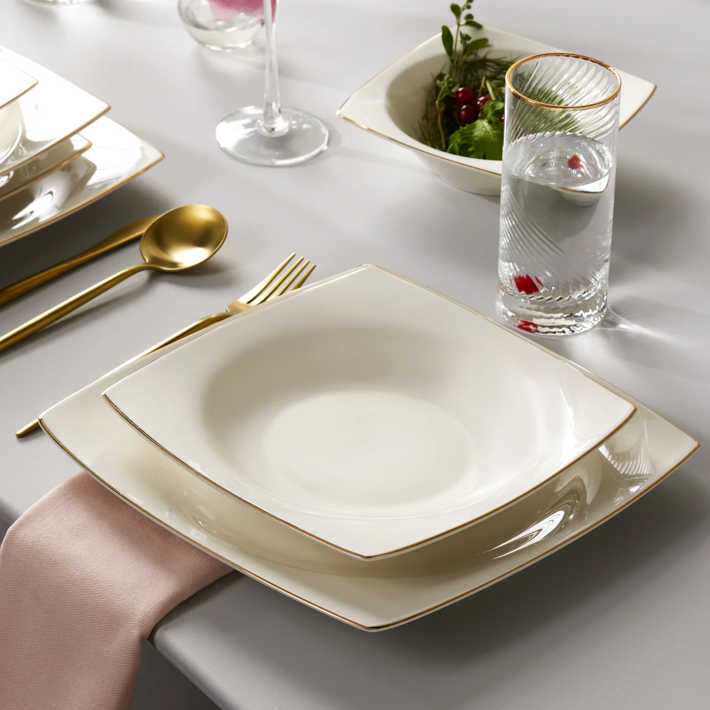 Karaca Blaine New Bone 24 Piece 6 Person Square Dinner Set Gold 153.09.01.0926 -  Dinnerware Sets - ebarza Furniture UAE | Shop Modern Furniture in Abu Dhabi & Dubai - مفروشات ايبازرا في الامارات | تسوق اثاث عصري وديكورات مميزة في دبي وابوظبي