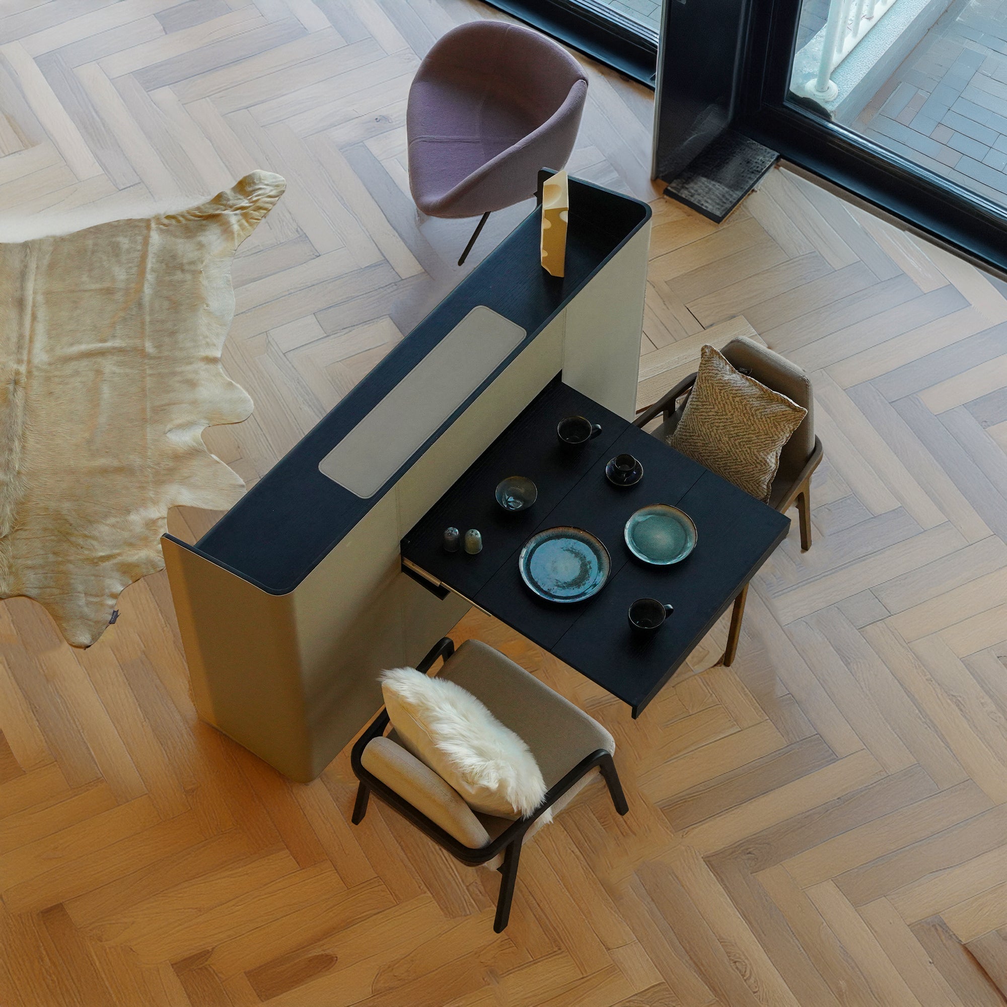 Hidden Dining Table in a Saddle Leather Sideboard Black and Grey MLL-CUS24 -  Sideboards - ebarza Furniture UAE | Shop Modern Furniture in Abu Dhabi & Dubai - مفروشات ايبازرا في الامارات | تسوق اثاث عصري وديكورات مميزة في دبي وابوظبي