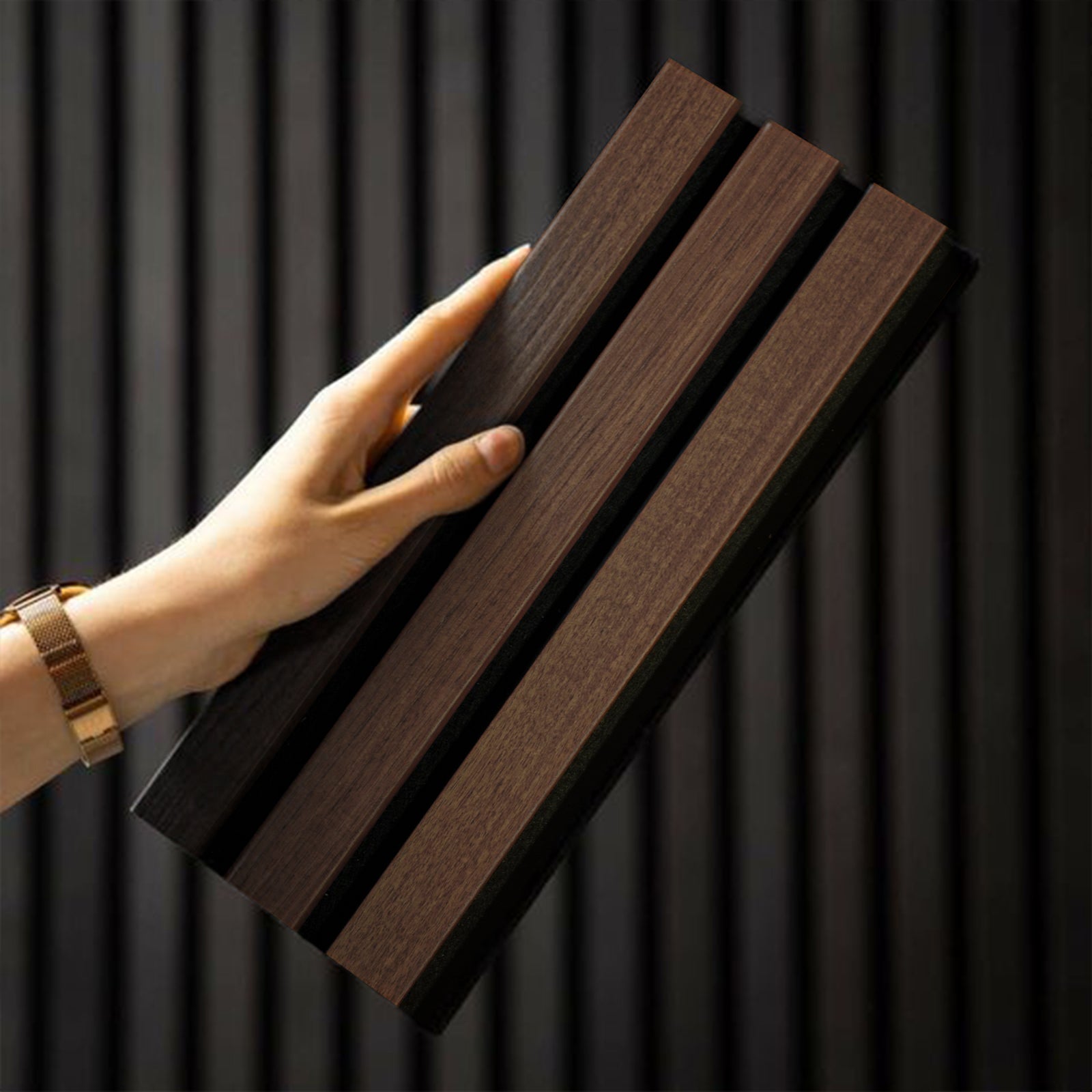 Sample of Slat Acoustic Panel 35-15mm Fire Retardant 14x28cm SMOKED-OAKED -Sample -  Wall panels samples - ebarza Furniture UAE | Shop Modern Furniture in Abu Dhabi & Dubai - مفروشات ايبازرا في الامارات | تسوق اثاث عصري وديكورات مميزة في دبي وابوظبي