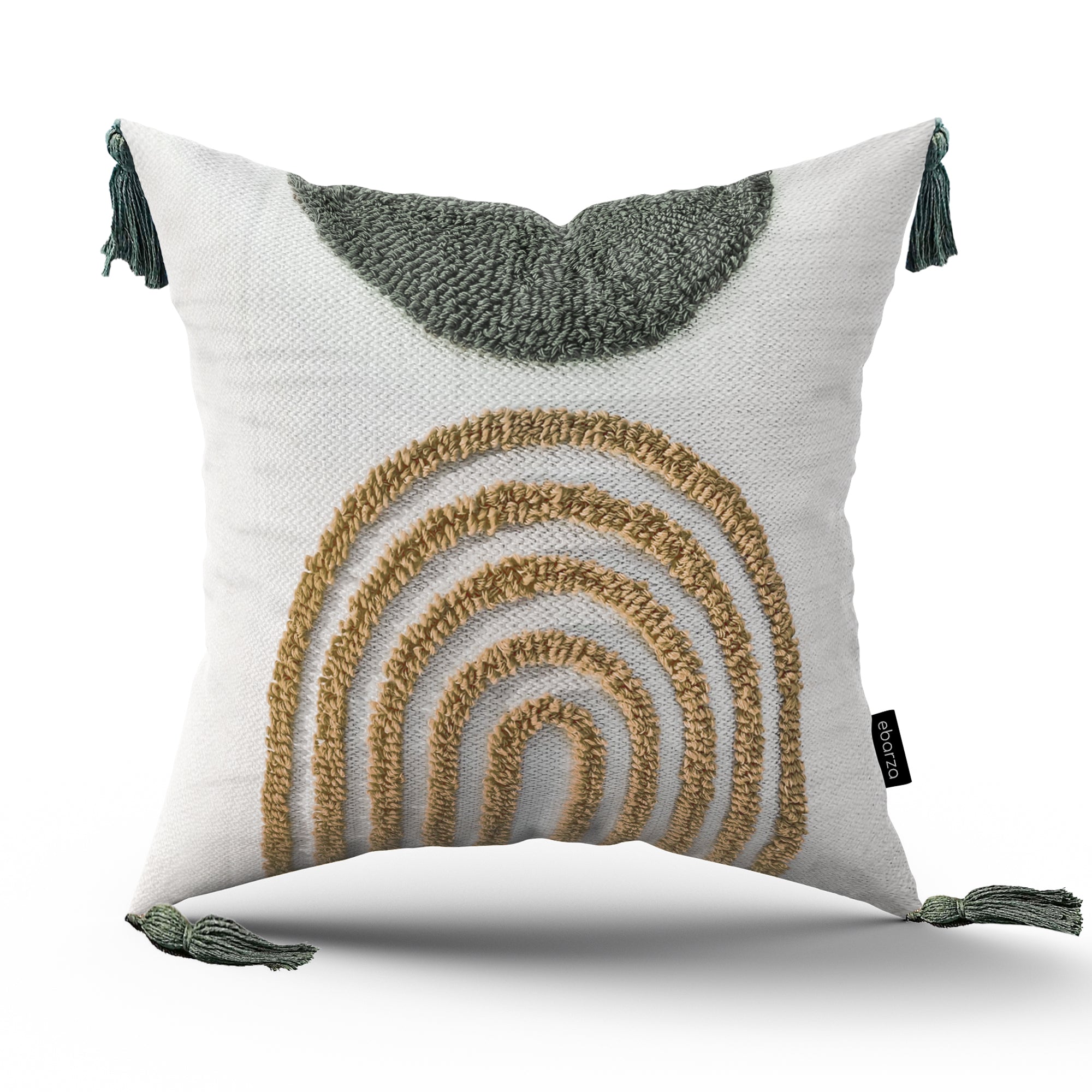 45x45 cm semi-Circle Tufted White Cotton Cushion KD2389 -GREEN&WHITE -  Cushions - ebarza Furniture UAE | Shop Modern Furniture in Abu Dhabi & Dubai - مفروشات ايبازرا في الامارات | تسوق اثاث عصري وديكورات مميزة في دبي وابوظبي