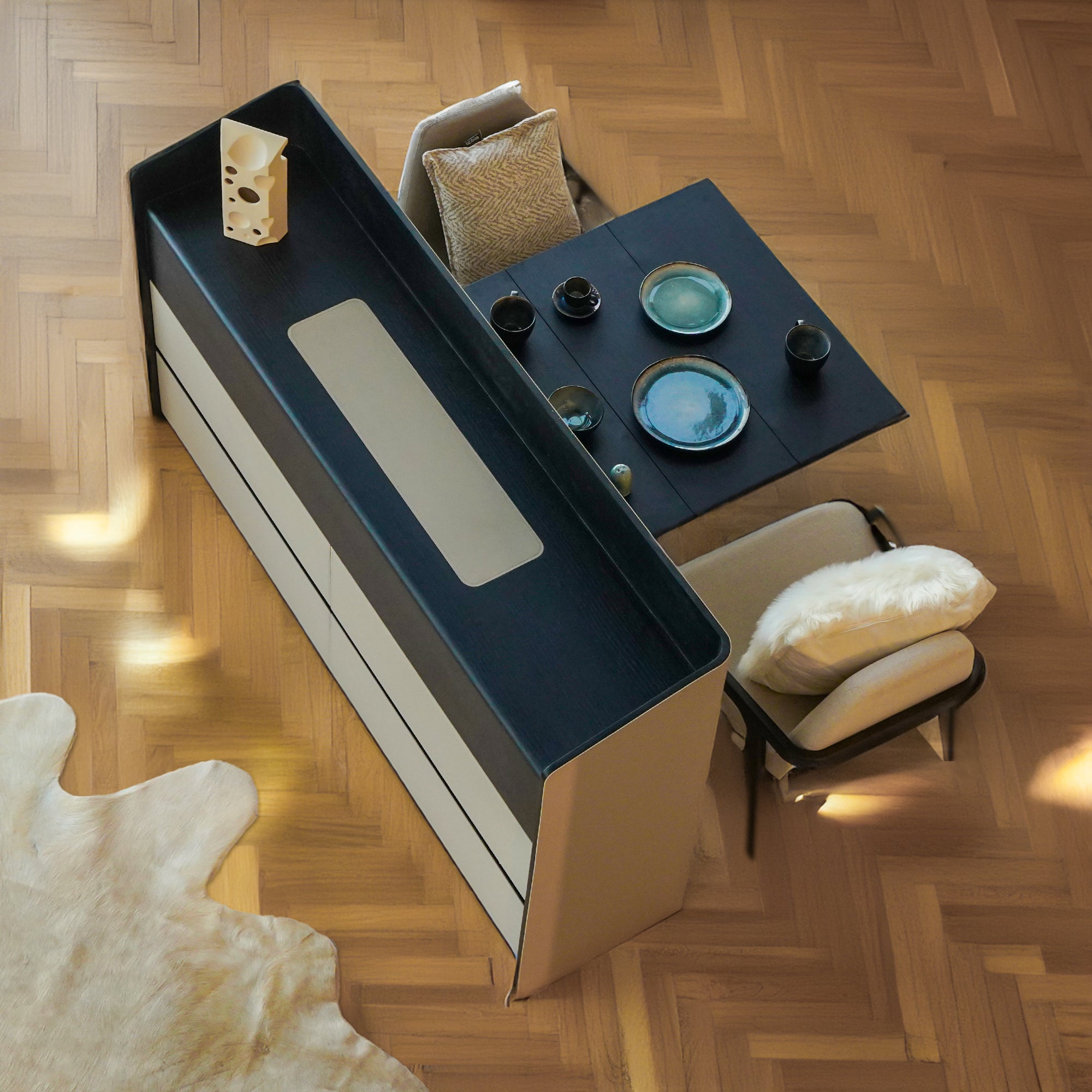 Hidden Dining Table in a Saddle Leather Sideboard Black and Grey MLL-CUS24 -  Sideboards - ebarza Furniture UAE | Shop Modern Furniture in Abu Dhabi & Dubai - مفروشات ايبازرا في الامارات | تسوق اثاث عصري وديكورات مميزة في دبي وابوظبي