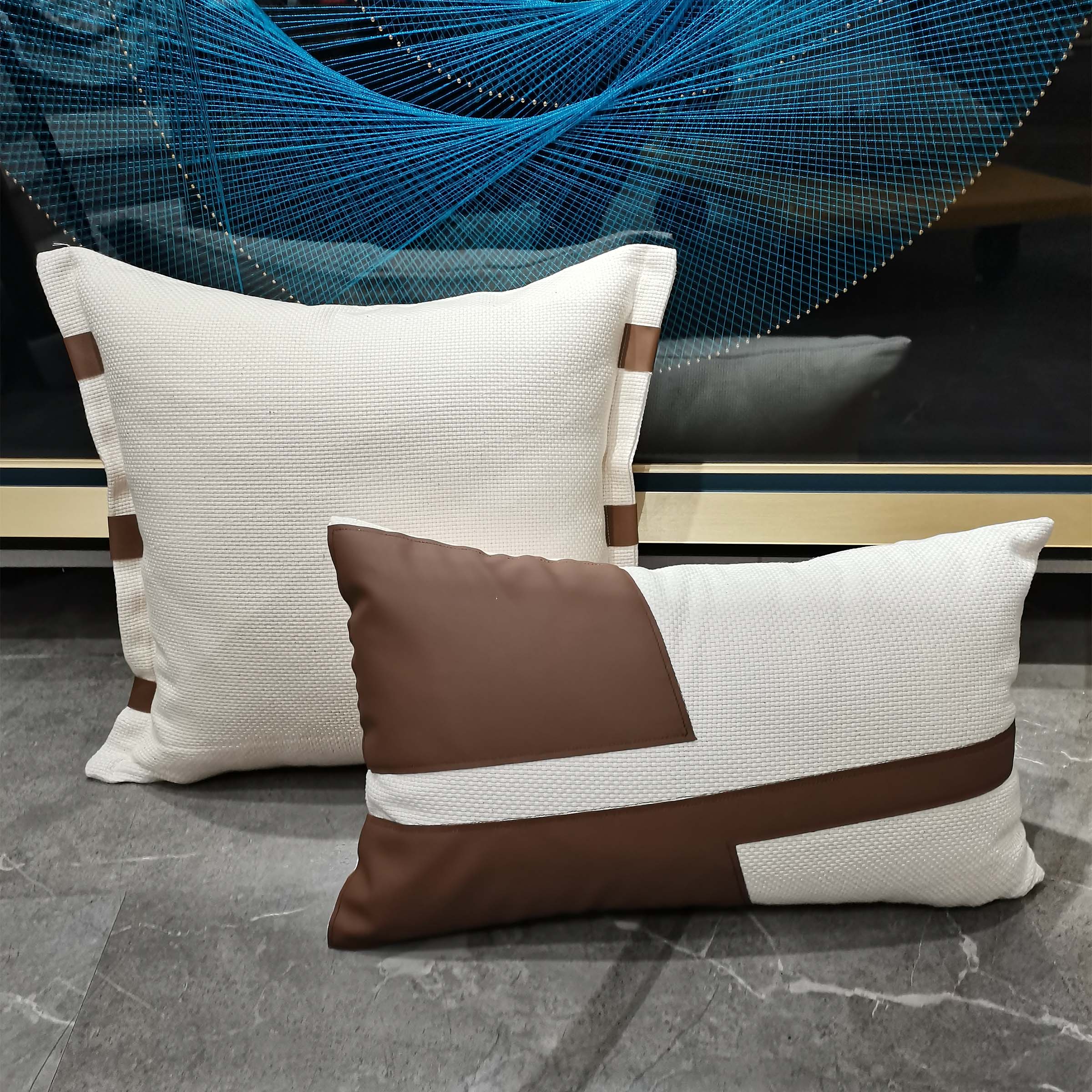 45x45 cm White Edge Leather Cushion KD2352-White/Brown -  Cushions - ebarza Furniture UAE | Shop Modern Furniture in Abu Dhabi & Dubai - مفروشات ايبازرا في الامارات | تسوق اثاث عصري وديكورات مميزة في دبي وابوظبي