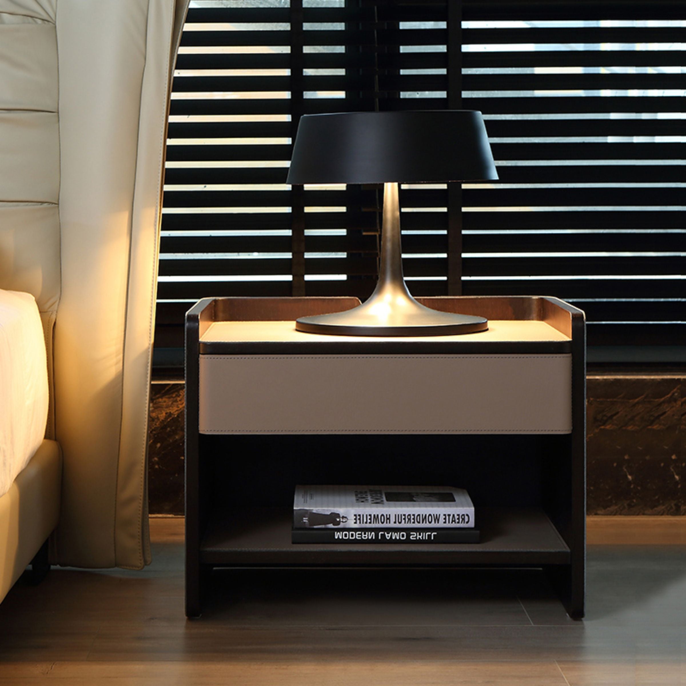 Pre-order 35 Days Delivery Mycroft Saddle Leather Bedside Table MLL-T37 Khaki -  Side Tables - ebarza Furniture UAE | Shop Modern Furniture in Abu Dhabi & Dubai - مفروشات ايبازرا في الامارات | تسوق اثاث عصري وديكورات مميزة في دبي وابوظبي