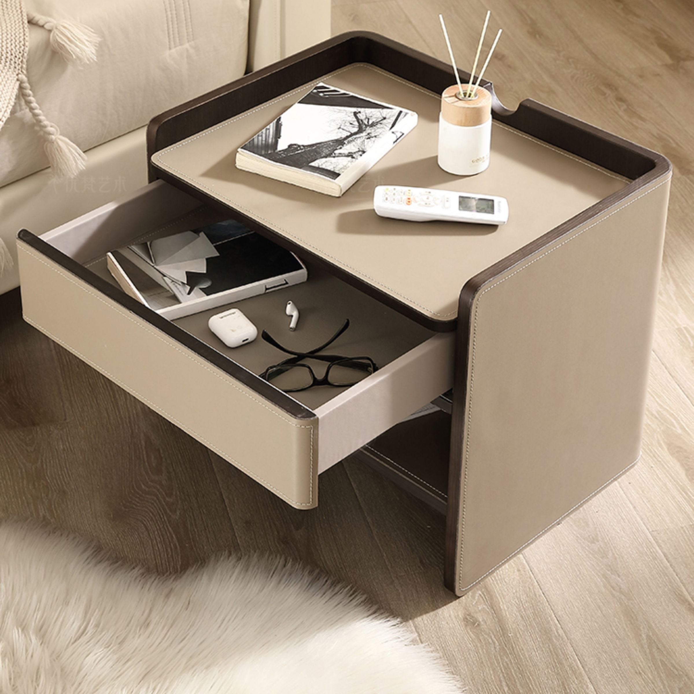 Pre-order 35 Days Delivery Mycroft Saddle Leather Bedside Table MLL-T37 Khaki -  Side Tables - ebarza Furniture UAE | Shop Modern Furniture in Abu Dhabi & Dubai - مفروشات ايبازرا في الامارات | تسوق اثاث عصري وديكورات مميزة في دبي وابوظبي