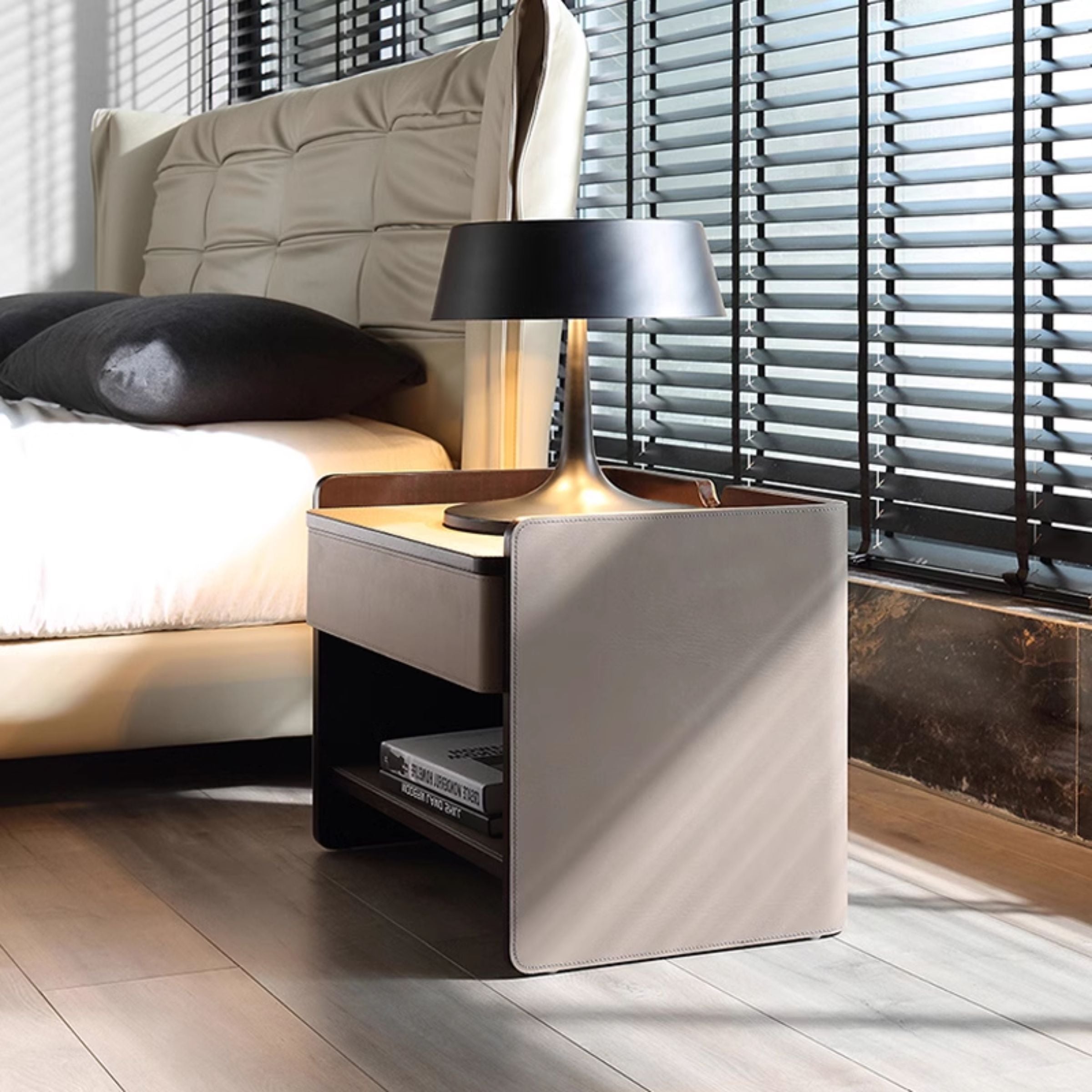 Pre-order 35 Days Delivery Mycroft Saddle Leather Bedside Table MLL-T37 Khaki -  Side Tables - ebarza Furniture UAE | Shop Modern Furniture in Abu Dhabi & Dubai - مفروشات ايبازرا في الامارات | تسوق اثاث عصري وديكورات مميزة في دبي وابوظبي