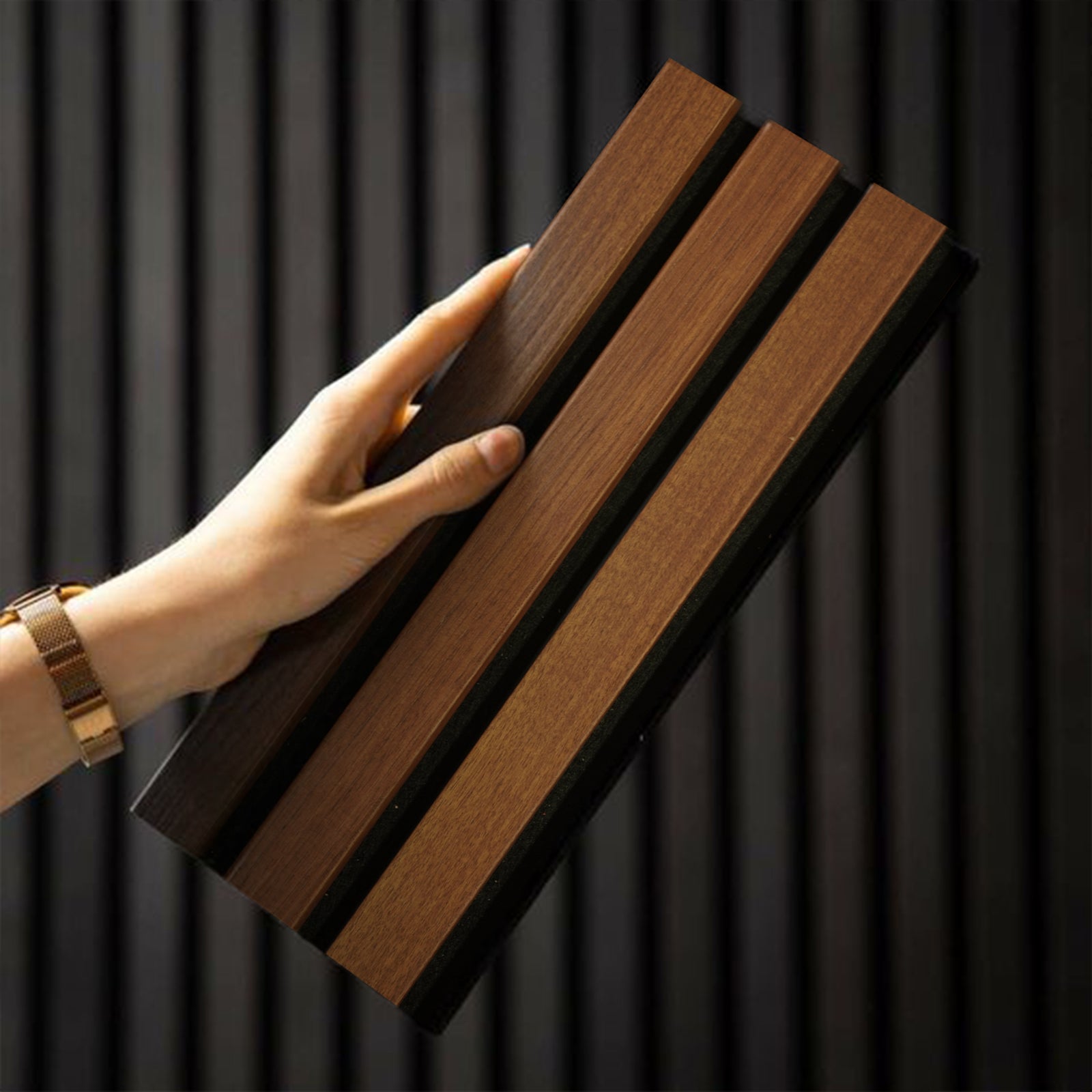 Sample of Slat Acoustic Panel 35-15mm Fire Retardant 300x60x2.1cm Walnut-Oak002 -Sample -  Wall panels samples - ebarza Furniture UAE | Shop Modern Furniture in Abu Dhabi & Dubai - مفروشات ايبازرا في الامارات | تسوق اثاث عصري وديكورات مميزة في دبي وابوظبي