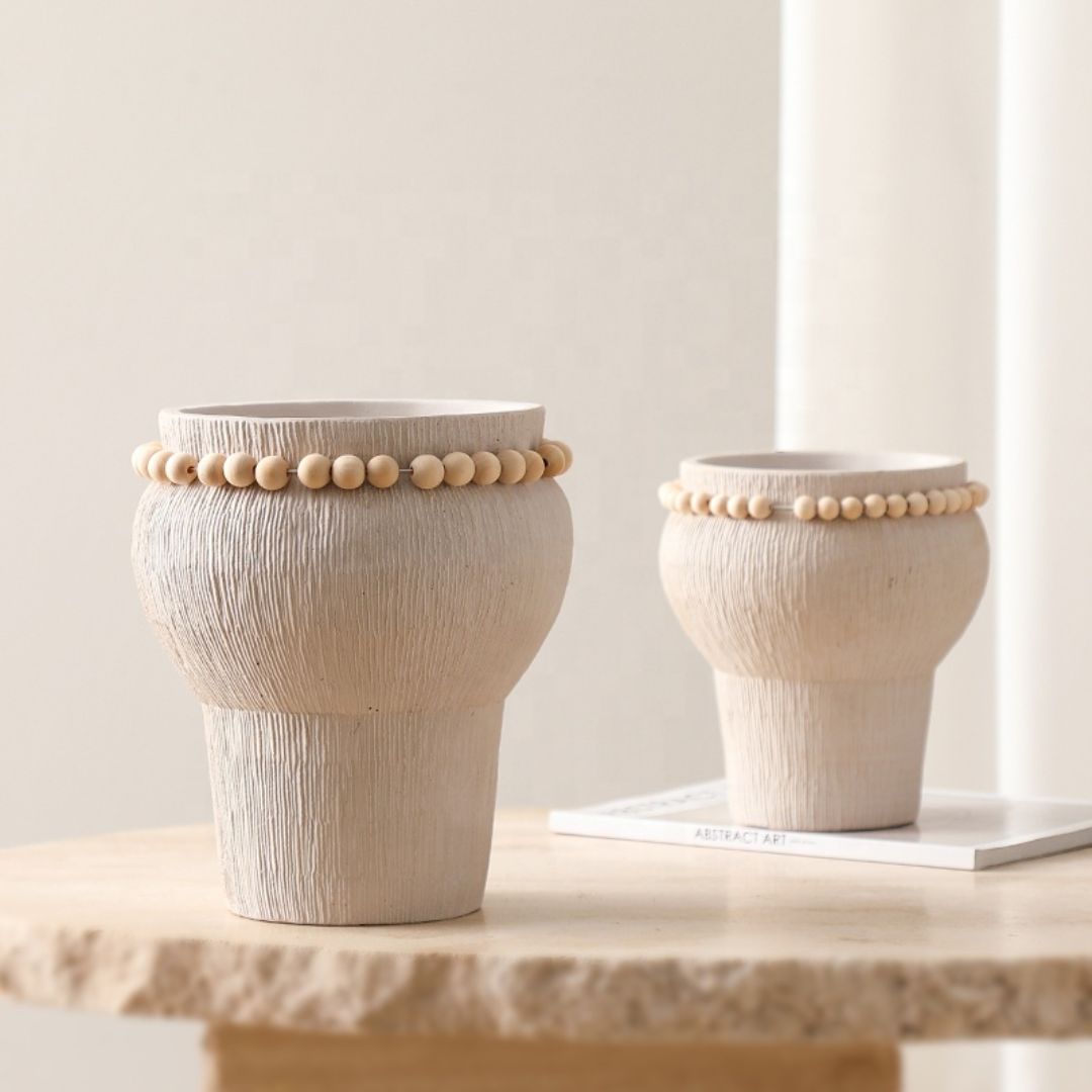 Beige Cement Vase With Bead Detail -A FF-SN24023A -  Vases - ebarza Furniture UAE | Shop Modern Furniture in Abu Dhabi & Dubai - مفروشات ايبازرا في الامارات | تسوق اثاث عصري وديكورات مميزة في دبي وابوظبي