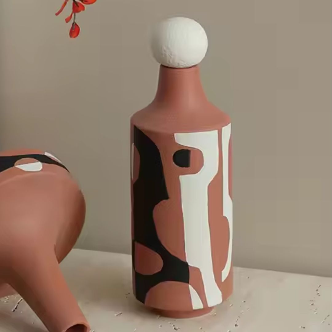 Black And White Painted Red Hand-Painted Ceramic Vase-A FD-D25054A -  Vases - ebarza Furniture UAE | Shop Modern Furniture in Abu Dhabi & Dubai - مفروشات ايبازرا في الامارات | تسوق اثاث عصري وديكورات مميزة في دبي وابوظبي