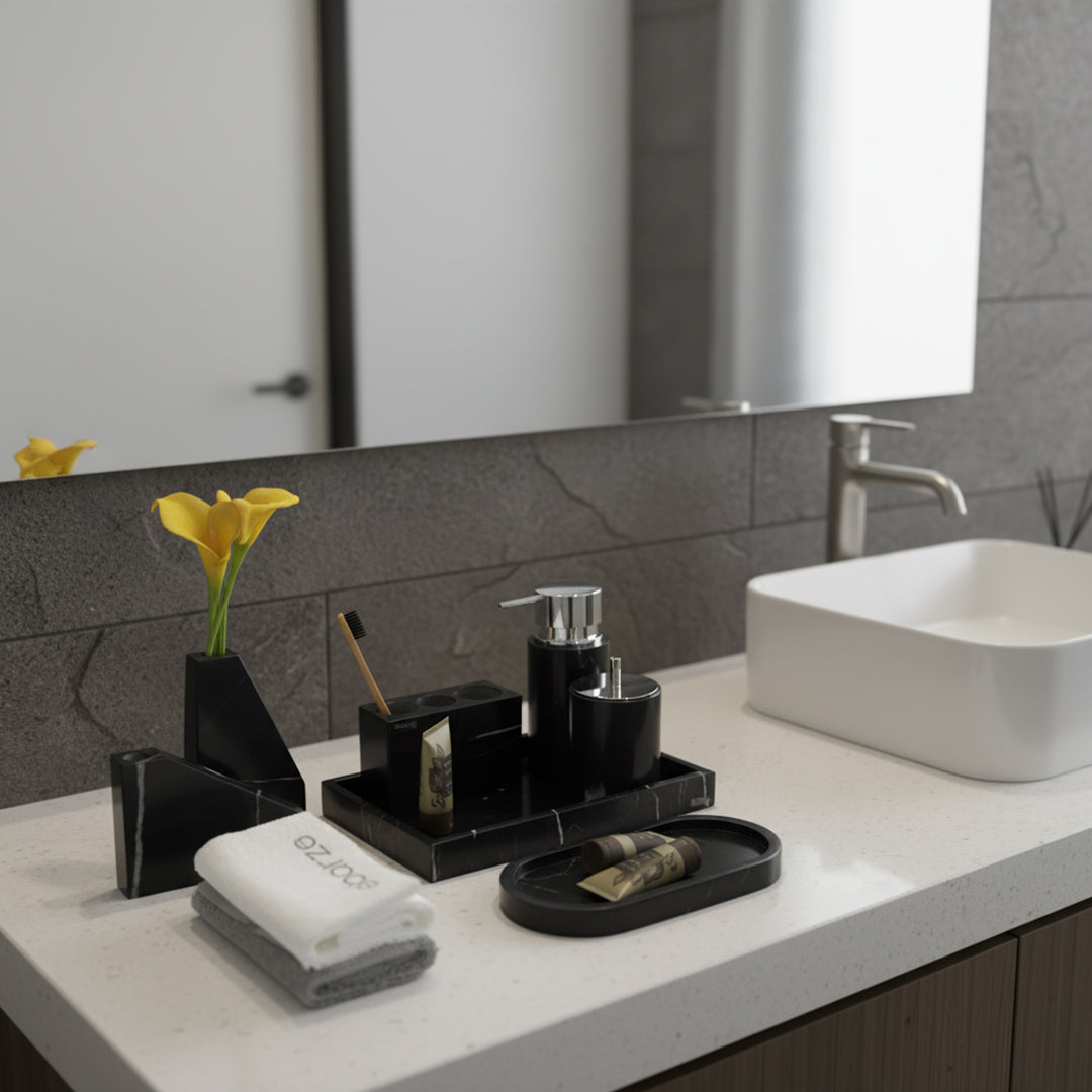 Marquina Black And White Foot Marble Trapezoidal Flower Arrangement (Short Style) VSC890 -  Vases - ebarza Furniture UAE | Shop Modern Furniture in Abu Dhabi & Dubai - مفروشات ايبازرا في الامارات | تسوق اثاث عصري وديكورات مميزة في دبي وابوظبي