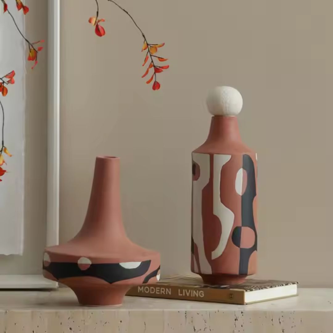 Black And White Painted Red Hand-Painted Ceramics Vase-B FD-D25054B -  Vases - ebarza Furniture UAE | Shop Modern Furniture in Abu Dhabi & Dubai - مفروشات ايبازرا في الامارات | تسوق اثاث عصري وديكورات مميزة في دبي وابوظبي