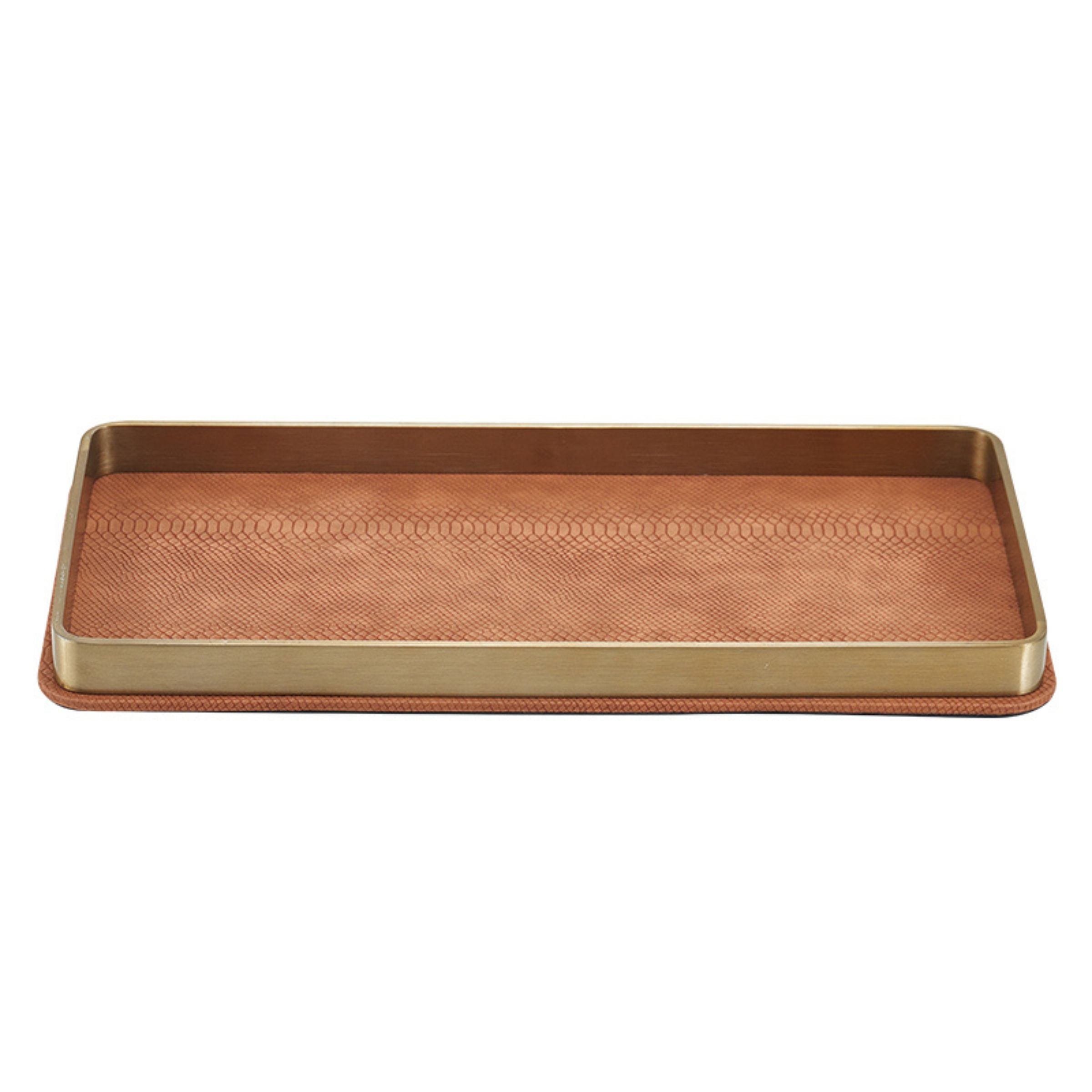 COFFEE & BRUSHED GOLD LEATHER DECORATIVE TRAY-L DD210938BL -  Trays - ebarza Furniture UAE | Shop Modern Furniture in Abu Dhabi & Dubai - مفروشات ايبازرا في الامارات | تسوق اثاث عصري وديكورات مميزة في دبي وابوظبي