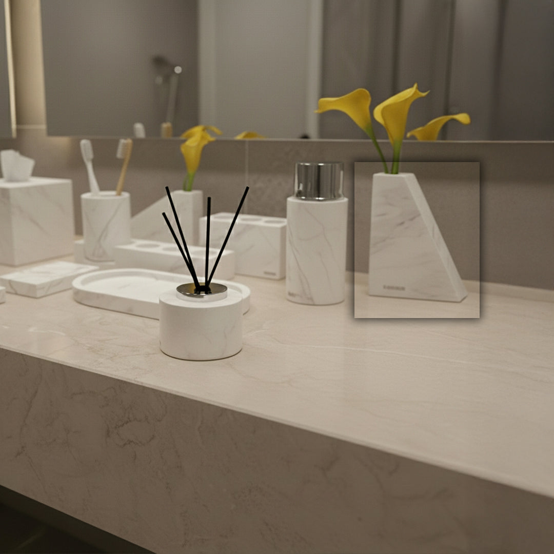 Jazz White Marble Trapezoidal Flower Arrangement (High Style) VSB880 -  Vases - ebarza Furniture UAE | Shop Modern Furniture in Abu Dhabi & Dubai - مفروشات ايبازرا في الامارات | تسوق اثاث عصري وديكورات مميزة في دبي وابوظبي