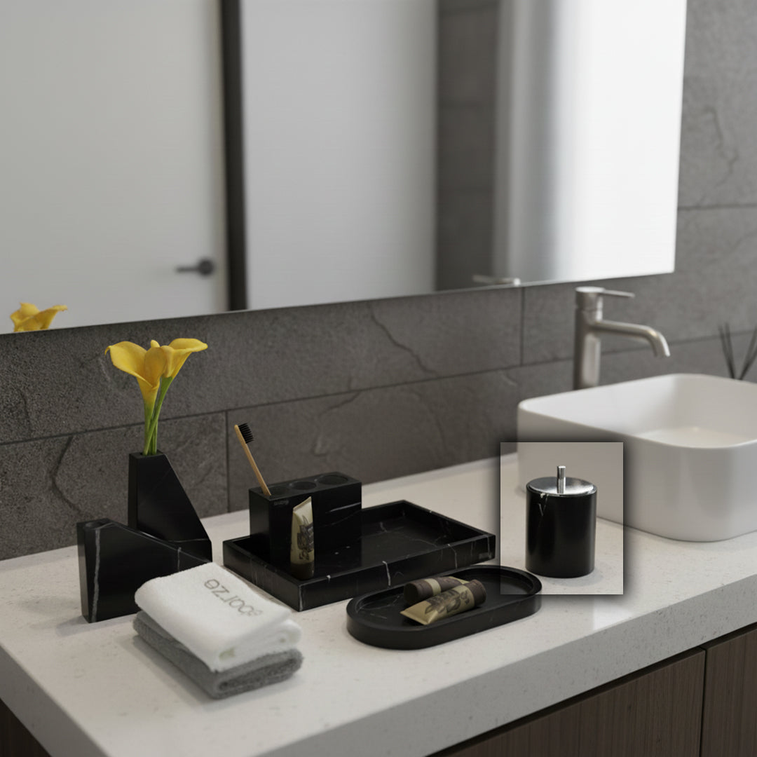 Marquina Black And White Marble Round Cotton Swab Jar With Silver Lid CBJ890-6 -  Bathroom Accessories - ebarza Furniture UAE | Shop Modern Furniture in Abu Dhabi & Dubai - مفروشات ايبازرا في الامارات | تسوق اثاث عصري وديكورات مميزة في دبي وابوظبي