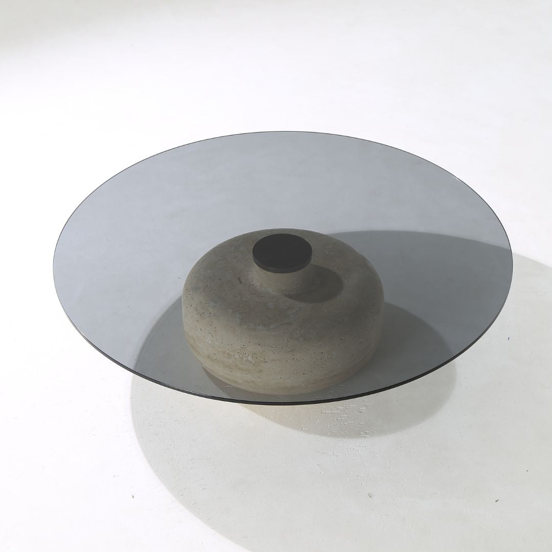 Minimal Grey Glass & Travatine Marble Round Coffee Table CT8683-SG-NEW -  Coffee tables - ebarza Furniture UAE | Shop Modern Furniture in Abu Dhabi & Dubai - مفروشات ايبازرا في الامارات | تسوق اثاث عصري وديكورات مميزة في دبي وابوظبي