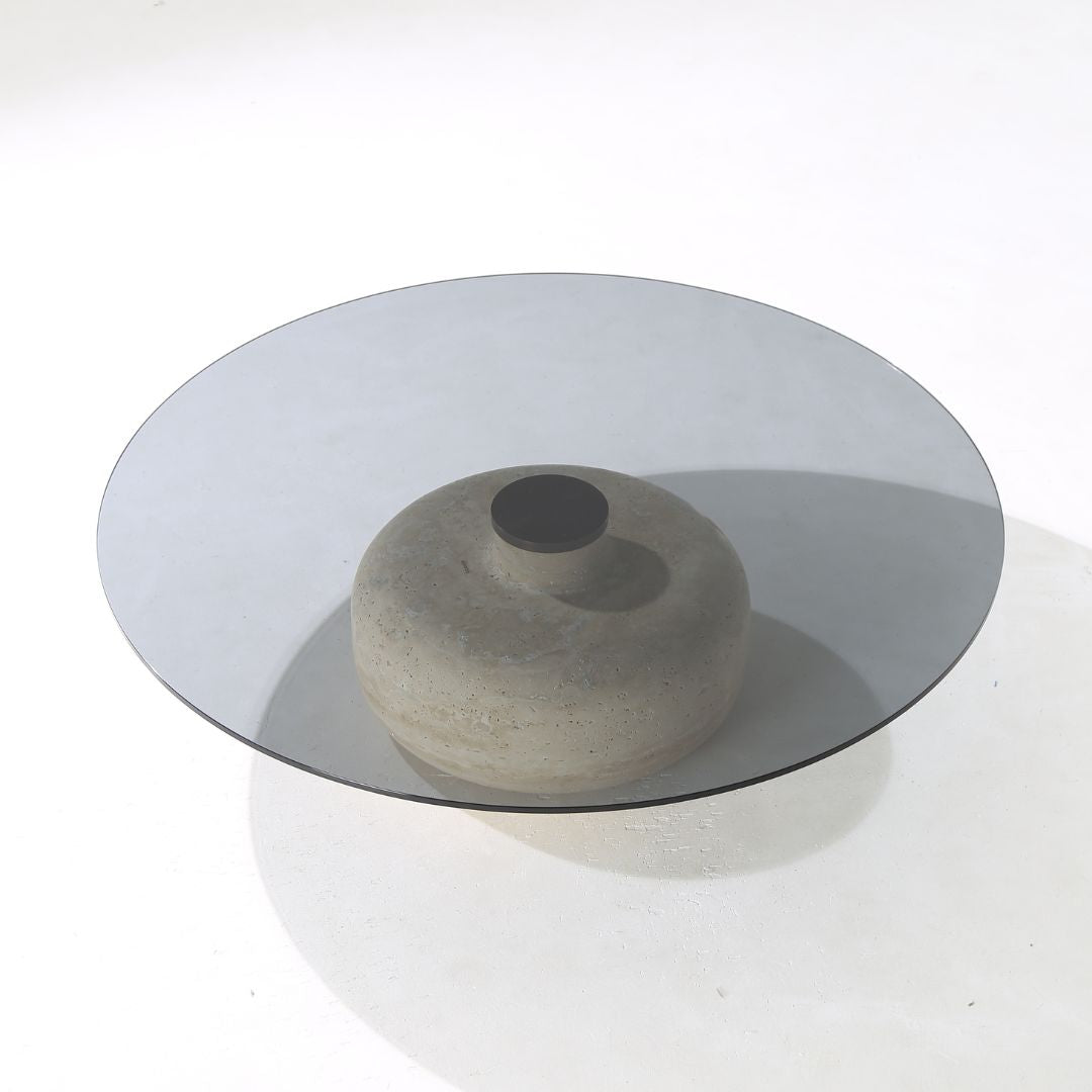Minimal Grey Glass & Travatine Marble Round Coffee Table CT8683-SG-NEW -  Coffee tables - ebarza Furniture UAE | Shop Modern Furniture in Abu Dhabi & Dubai - مفروشات ايبازرا في الامارات | تسوق اثاث عصري وديكورات مميزة في دبي وابوظبي
