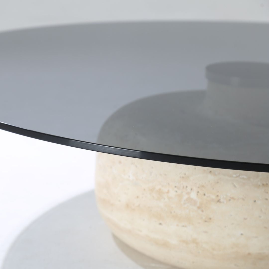 Minimal Grey Glass & Travatine Marble Round Coffee Table CT8683-SG-NEW -  Coffee tables - ebarza Furniture UAE | Shop Modern Furniture in Abu Dhabi & Dubai - مفروشات ايبازرا في الامارات | تسوق اثاث عصري وديكورات مميزة في دبي وابوظبي