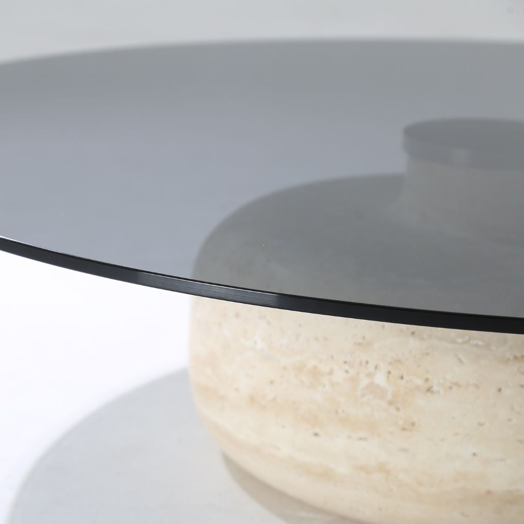 Minimal Grey Glass & Travatine Marble Round Coffee Table CT8683-SG-NEW -  Coffee tables - ebarza Furniture UAE | Shop Modern Furniture in Abu Dhabi & Dubai - مفروشات ايبازرا في الامارات | تسوق اثاث عصري وديكورات مميزة في دبي وابوظبي