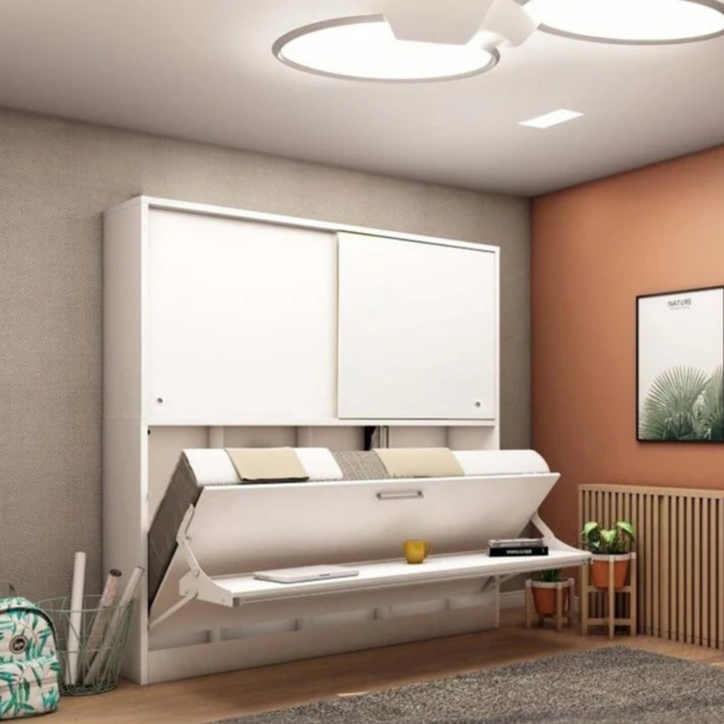 LIFE Convertable  Wall Bed with Desk, Cabinet, and Mattress - 1121-LMDC -  Bedsteads - ebarza Furniture UAE | Shop Modern Furniture in Abu Dhabi & Dubai - مفروشات ايبازرا في الامارات | تسوق اثاث عصري وديكورات مميزة في دبي وابوظبي