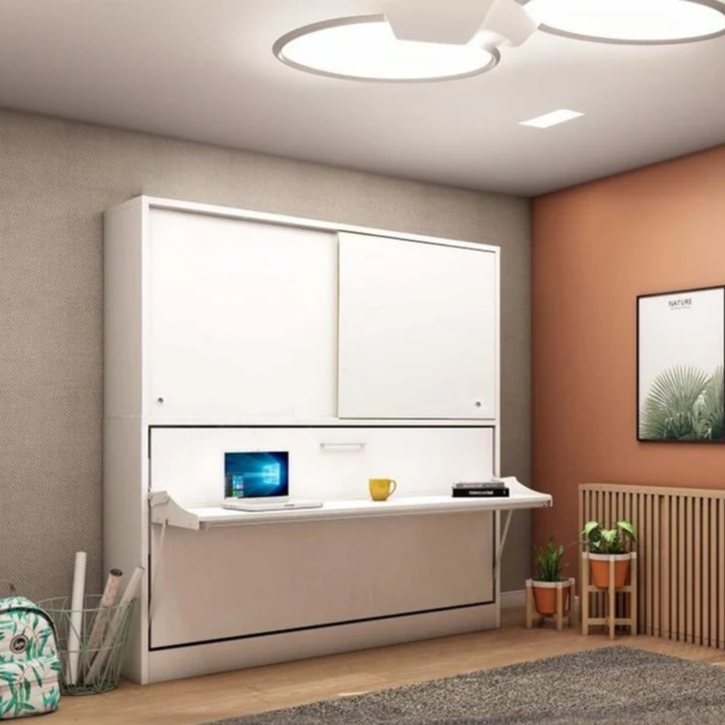 LIFE Convertable  Wall Bed with Desk, Cabinet, and Mattress - 1121-LMDC -  Bedsteads - ebarza Furniture UAE | Shop Modern Furniture in Abu Dhabi & Dubai - مفروشات ايبازرا في الامارات | تسوق اثاث عصري وديكورات مميزة في دبي وابوظبي
