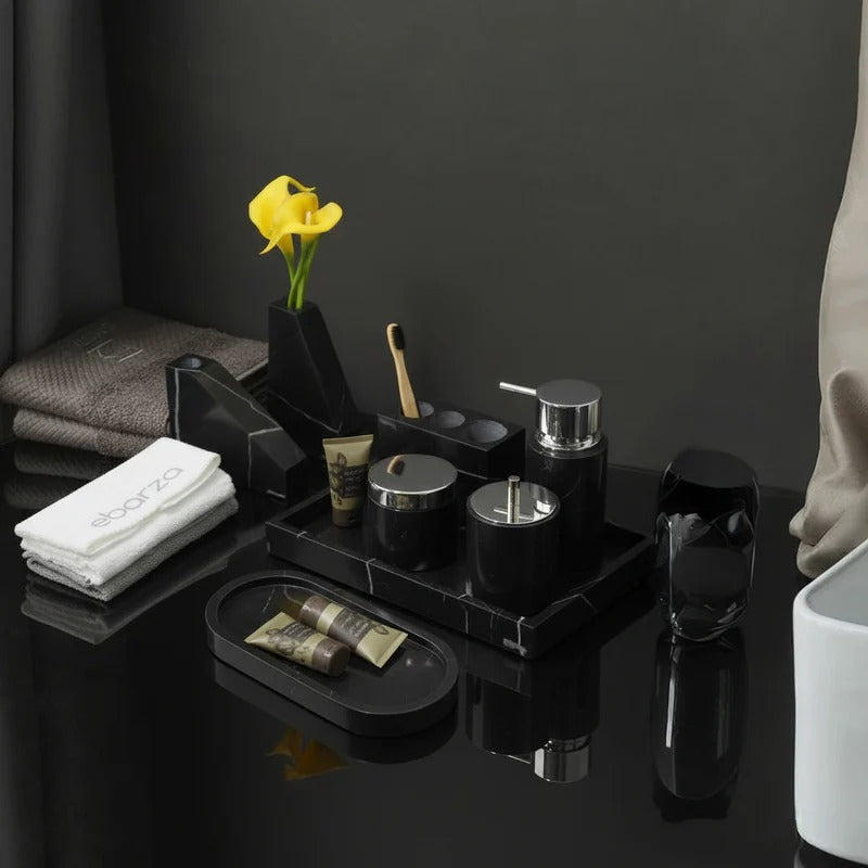 8 Pieces Marquina Black And White Checkered Marble EbarzaBathroom Set - MBWC