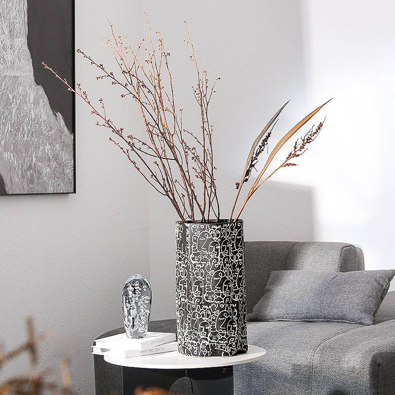 Black & White Hand-Drawn Ceramic Vase-A  Fa-D21051A -  Vases - ebarza Furniture UAE | Shop Modern Furniture in Abu Dhabi & Dubai - مفروشات ايبازرا في الامارات | تسوق اثاث عصري وديكورات مميزة في دبي وابوظبي