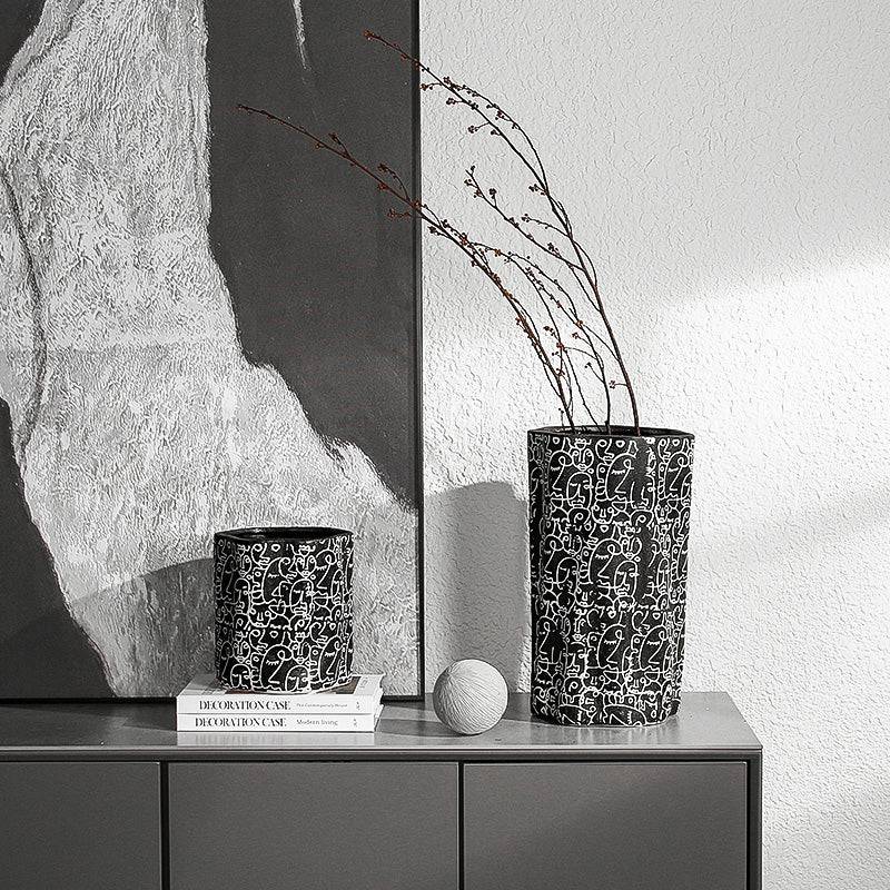 Black & White Hand-Drawn Ceramic Vase-A  Fa-D21051A -  Vases - ebarza Furniture UAE | Shop Modern Furniture in Abu Dhabi & Dubai - مفروشات ايبازرا في الامارات | تسوق اثاث عصري وديكورات مميزة في دبي وابوظبي