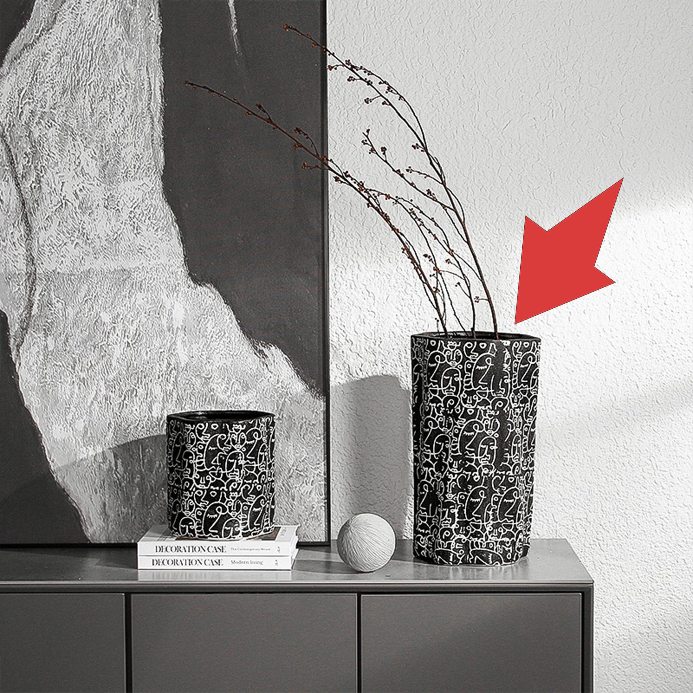Black & White Hand-Drawn Ceramic Vase-A  Fa-D21051A -  Vases - ebarza Furniture UAE | Shop Modern Furniture in Abu Dhabi & Dubai - مفروشات ايبازرا في الامارات | تسوق اثاث عصري وديكورات مميزة في دبي وابوظبي