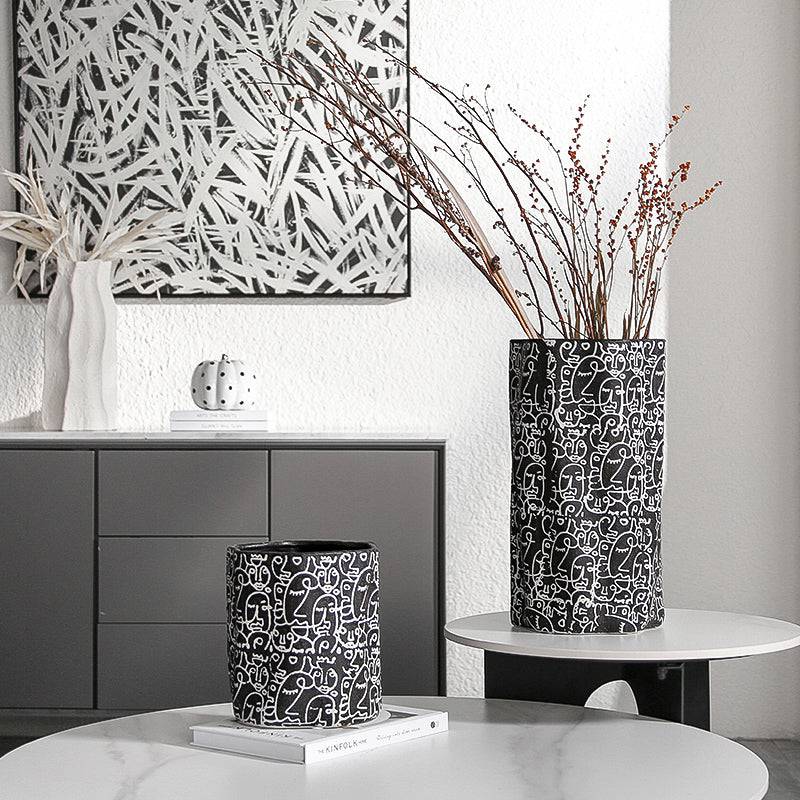Black & White Hand-Drawn Ceramic Vase-A  Fa-D21051A -  Vases - ebarza Furniture UAE | Shop Modern Furniture in Abu Dhabi & Dubai - مفروشات ايبازرا في الامارات | تسوق اثاث عصري وديكورات مميزة في دبي وابوظبي