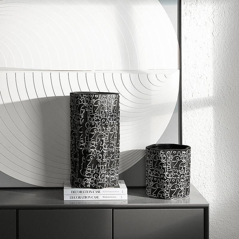 Black & White Hand-Drawn Ceramic Vase-A  Fa-D21051A -  Vases - ebarza Furniture UAE | Shop Modern Furniture in Abu Dhabi & Dubai - مفروشات ايبازرا في الامارات | تسوق اثاث عصري وديكورات مميزة في دبي وابوظبي
