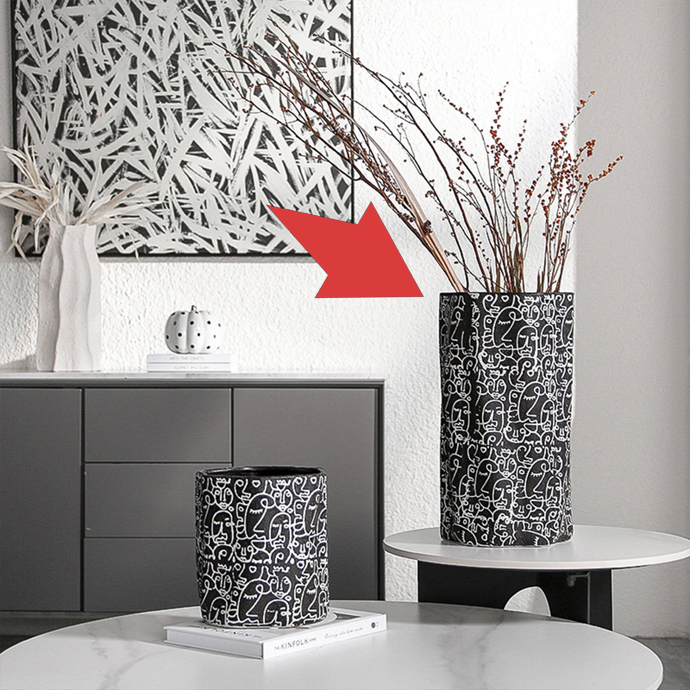 Black & White Hand-Drawn Ceramic Vase-A  Fa-D21051A -  Vases - ebarza Furniture UAE | Shop Modern Furniture in Abu Dhabi & Dubai - مفروشات ايبازرا في الامارات | تسوق اثاث عصري وديكورات مميزة في دبي وابوظبي