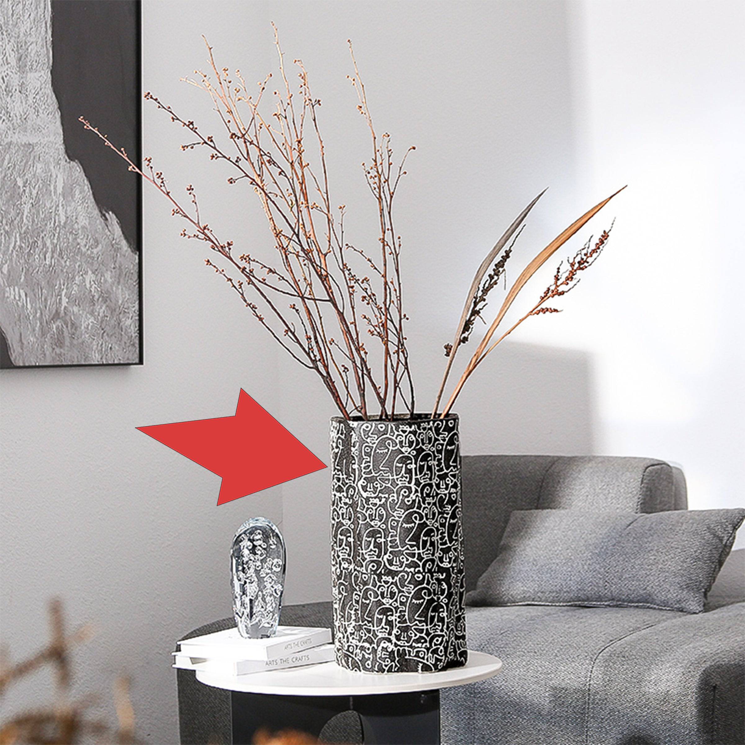 Black & White Hand-Drawn Ceramic Vase-A  Fa-D21051A -  Vases - ebarza Furniture UAE | Shop Modern Furniture in Abu Dhabi & Dubai - مفروشات ايبازرا في الامارات | تسوق اثاث عصري وديكورات مميزة في دبي وابوظبي