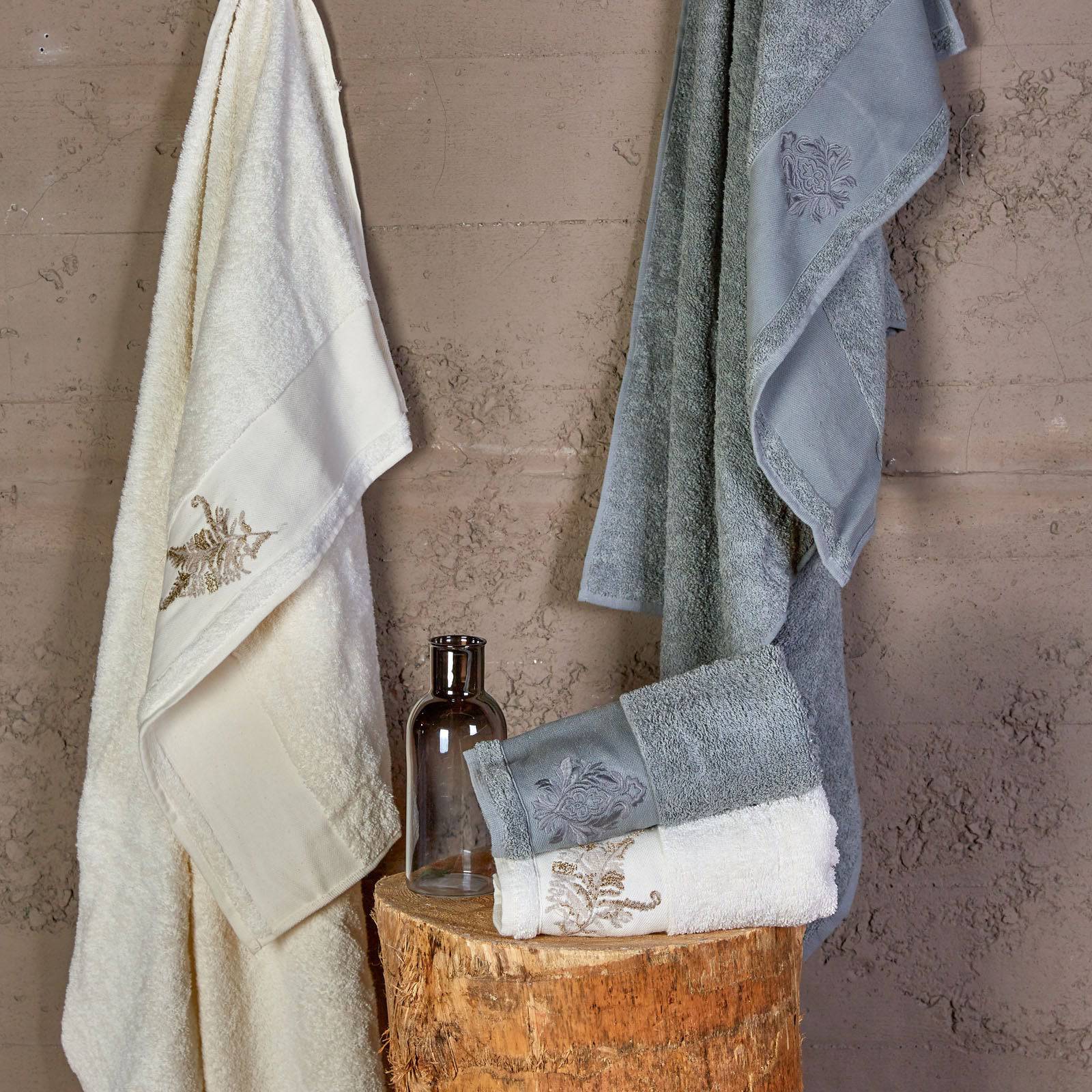 Fronda Offwhite Gray Silvery Embroidered Hammam Set  200.16.01.0214 -  Bathrobe Sets - ebarza Furniture UAE | Shop Modern Furniture in Abu Dhabi & Dubai - مفروشات ايبازرا في الامارات | تسوق اثاث عصري وديكورات مميزة في دبي وابوظبي