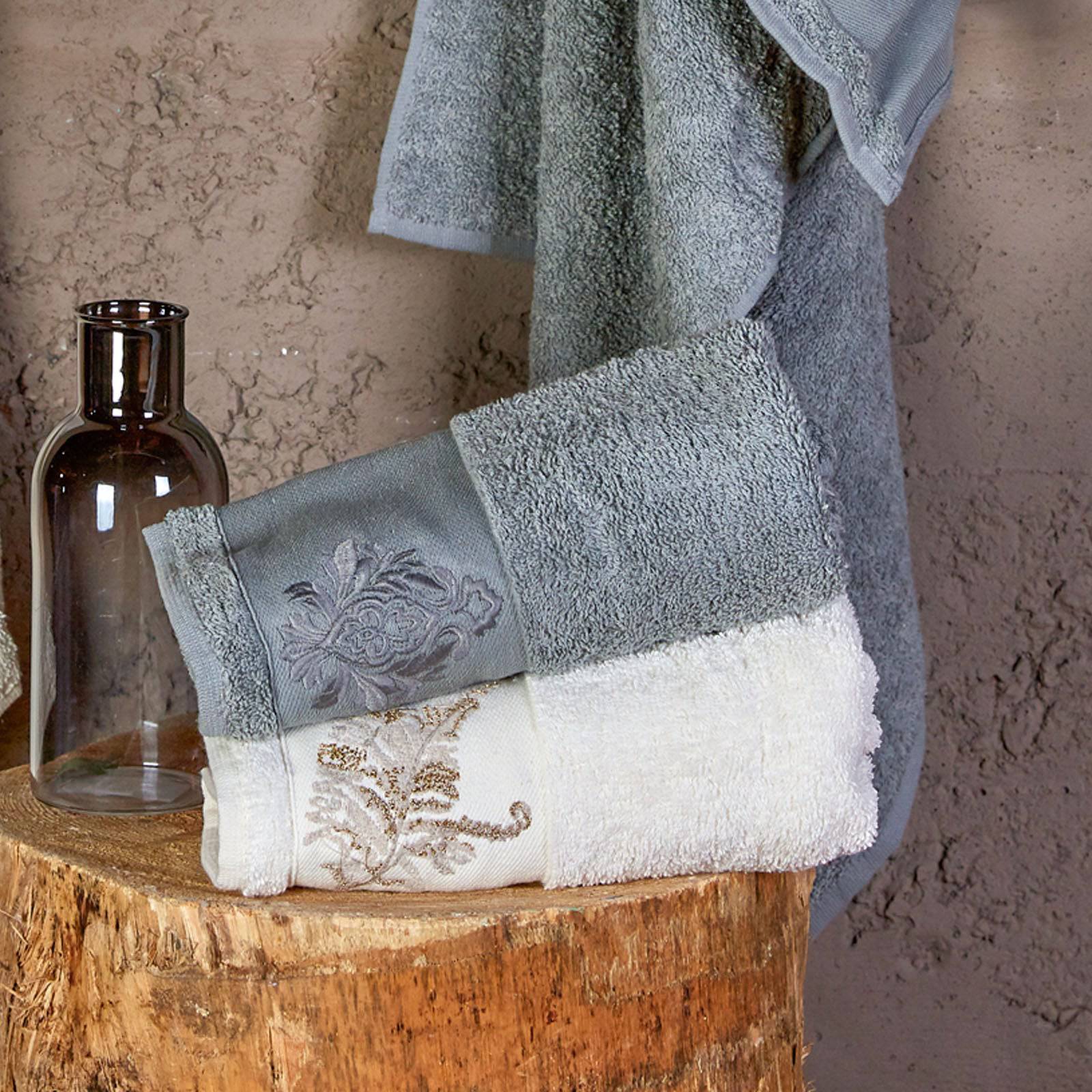 Fronda Offwhite Gray Silvery Embroidered Hammam Set  200.16.01.0214 -  Bathrobe Sets - ebarza Furniture UAE | Shop Modern Furniture in Abu Dhabi & Dubai - مفروشات ايبازرا في الامارات | تسوق اثاث عصري وديكورات مميزة في دبي وابوظبي